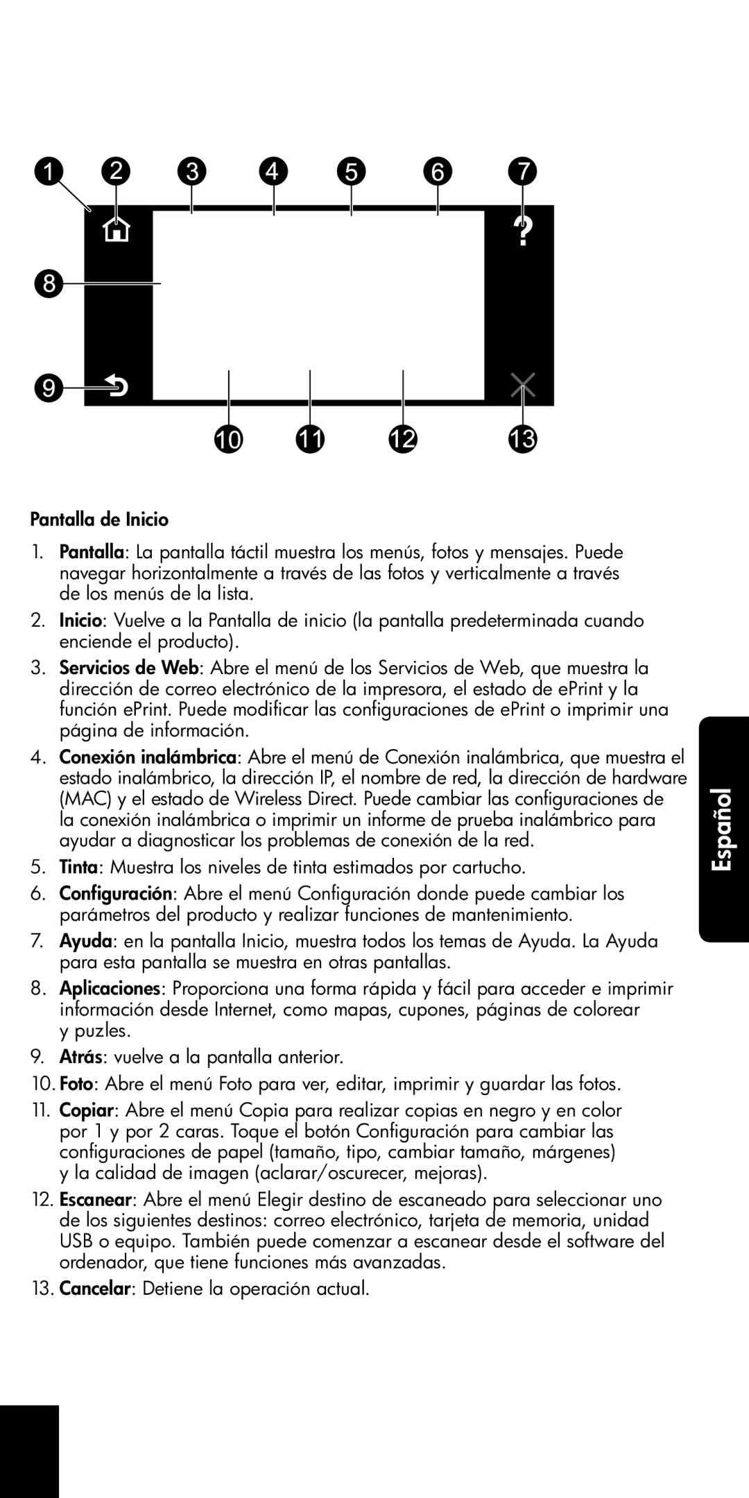 HP 120, 121 manual Pantalla de Inicio de HP Envy, Tinta Muestra los niveles de tinta estimados por cartucho 