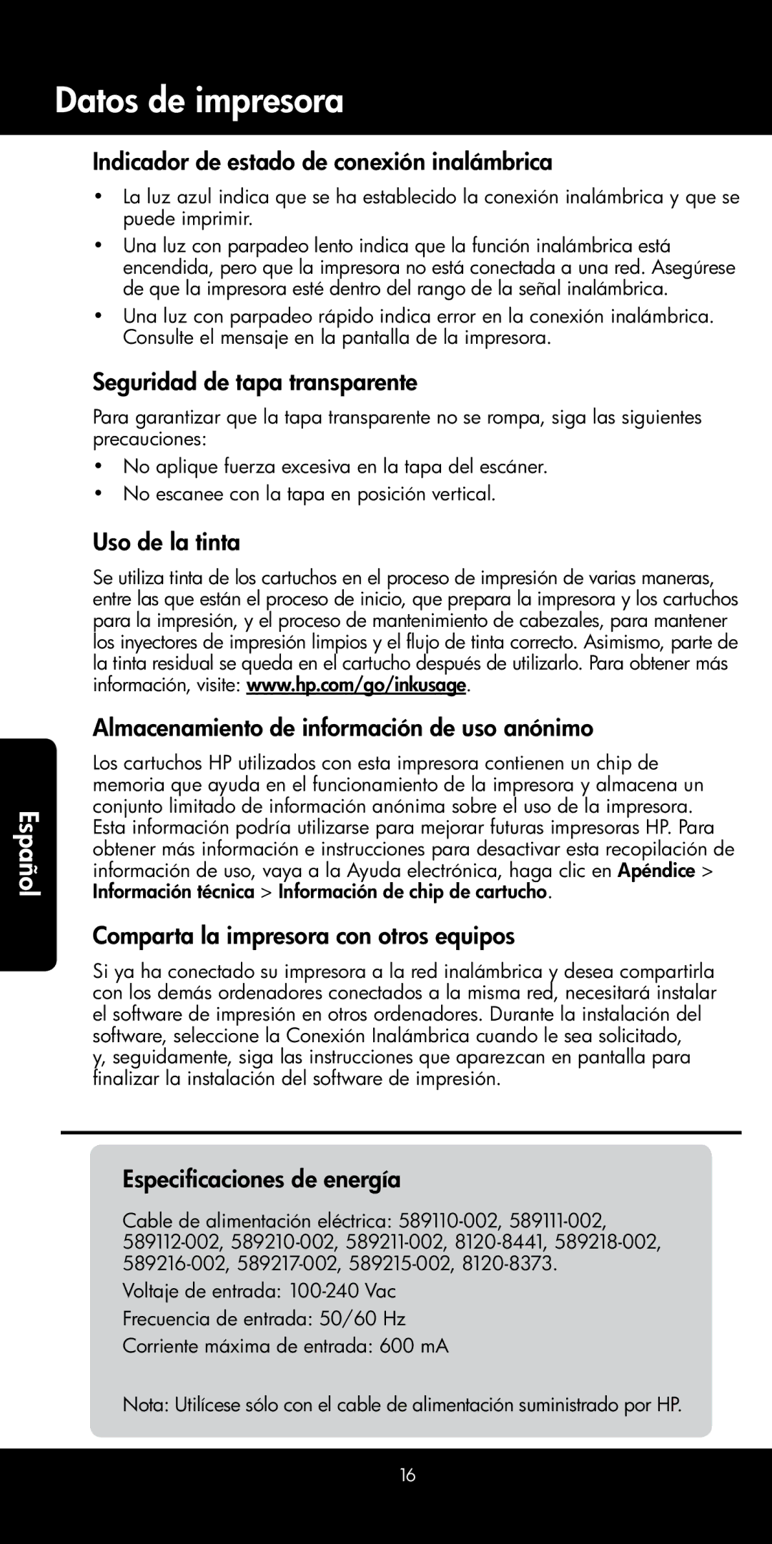 HP 121, 120 manual Datos de impresora, Indicador de estado de conexión inalámbrica, Seguridad de tapa transparente 