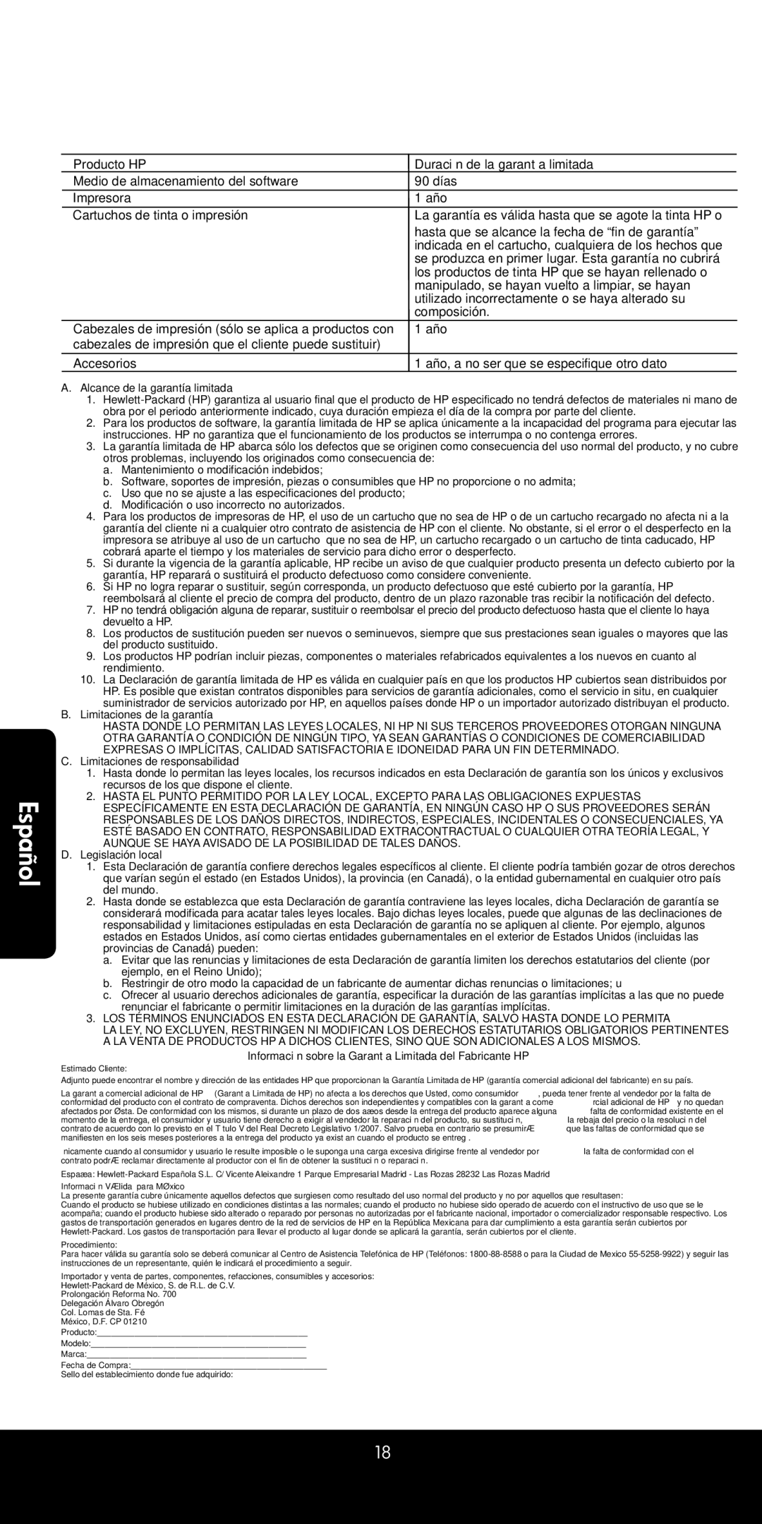 HP 121, 120 manual Declaración de garantía limitada de la impresora HP, Producto HP Duración de la garantía limitada 