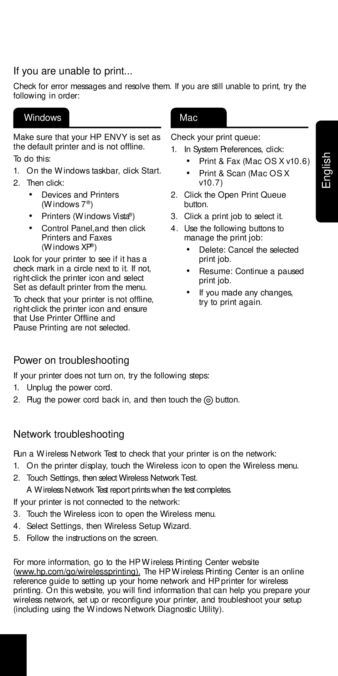 HP 120, 121 manual Troubleshooting, If you are unable to print, Power on troubleshooting, Network troubleshooting 