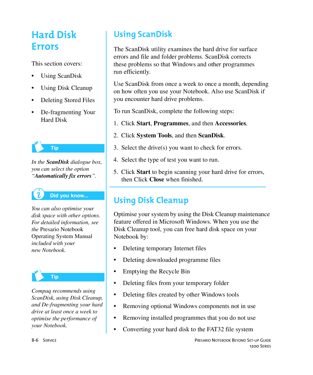 HP 1215EA manual Hard Disk Errors, Using ScanDisk, Using Disk Cleanup 