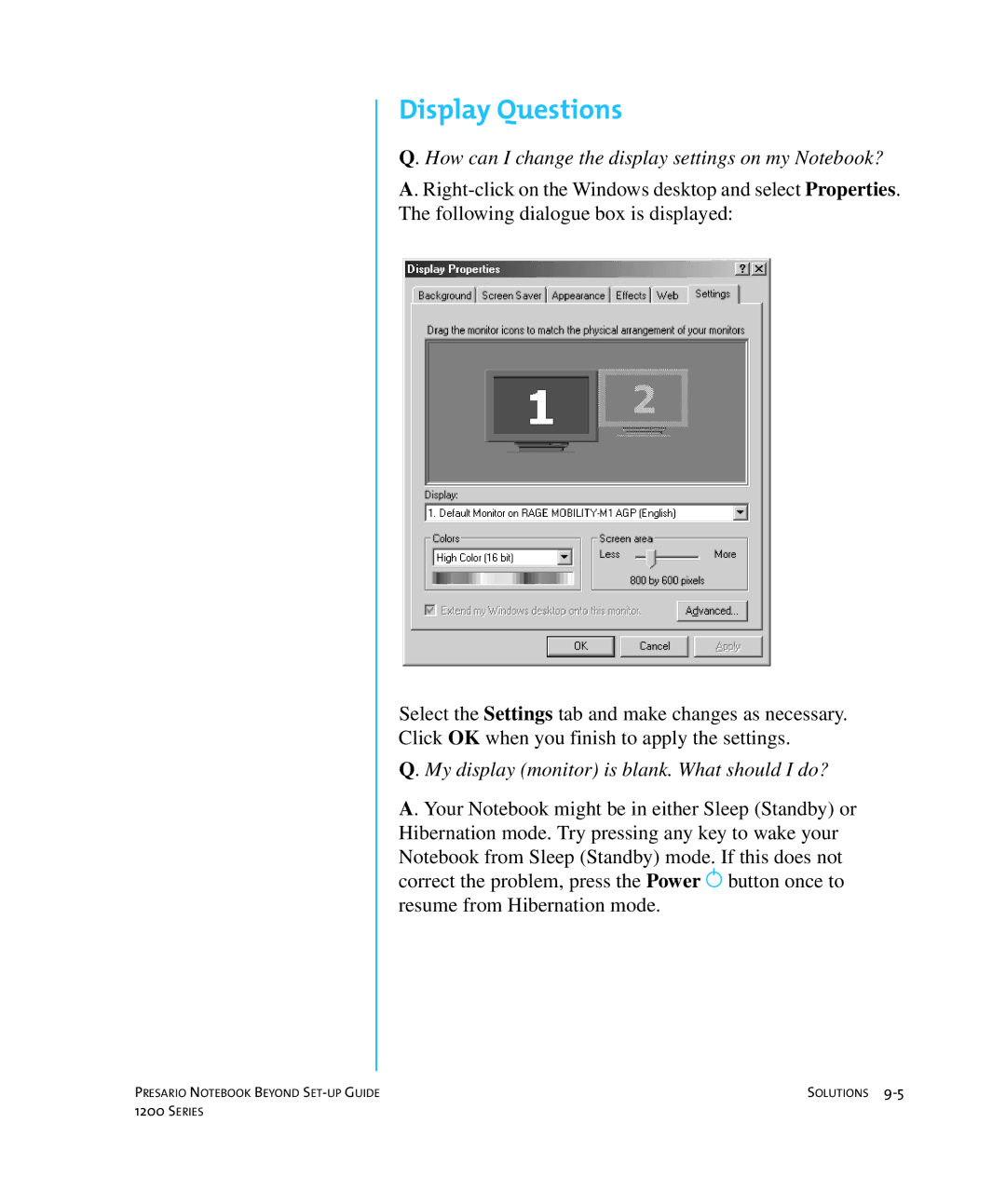 HP 1215EA manual Display Questions, How can I change the display settings on my Notebook? 