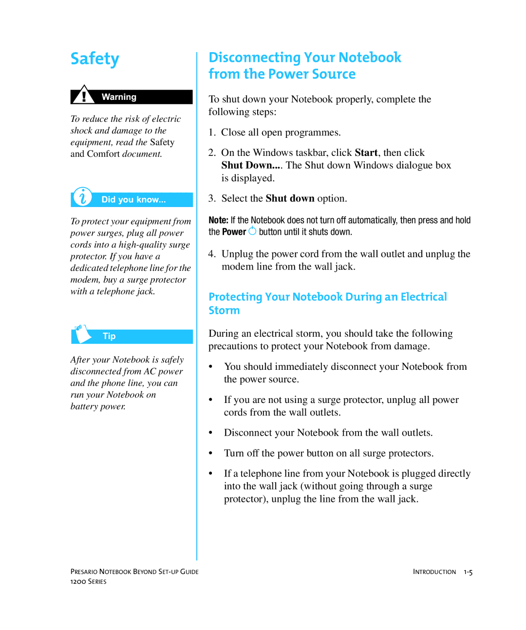 HP 1215EA manual Safety, Protecting Your Notebook During an Electrical Storm 