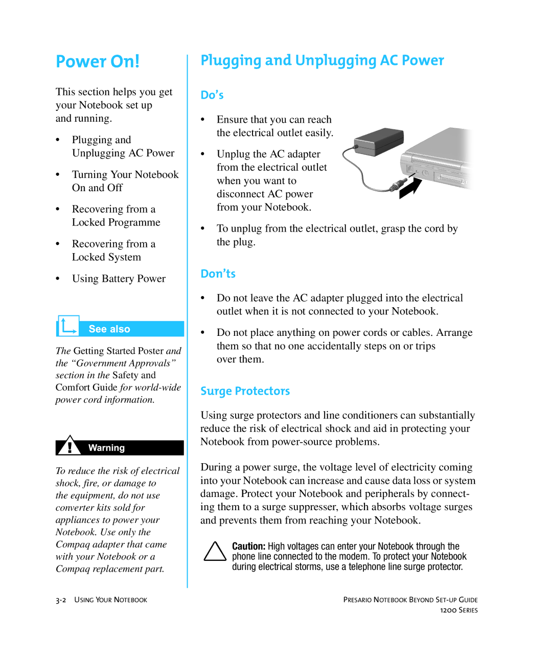 HP 1215EA manual Power On, Plugging and Unplugging AC Power, Do’s, Don’ts, Surge Protectors 