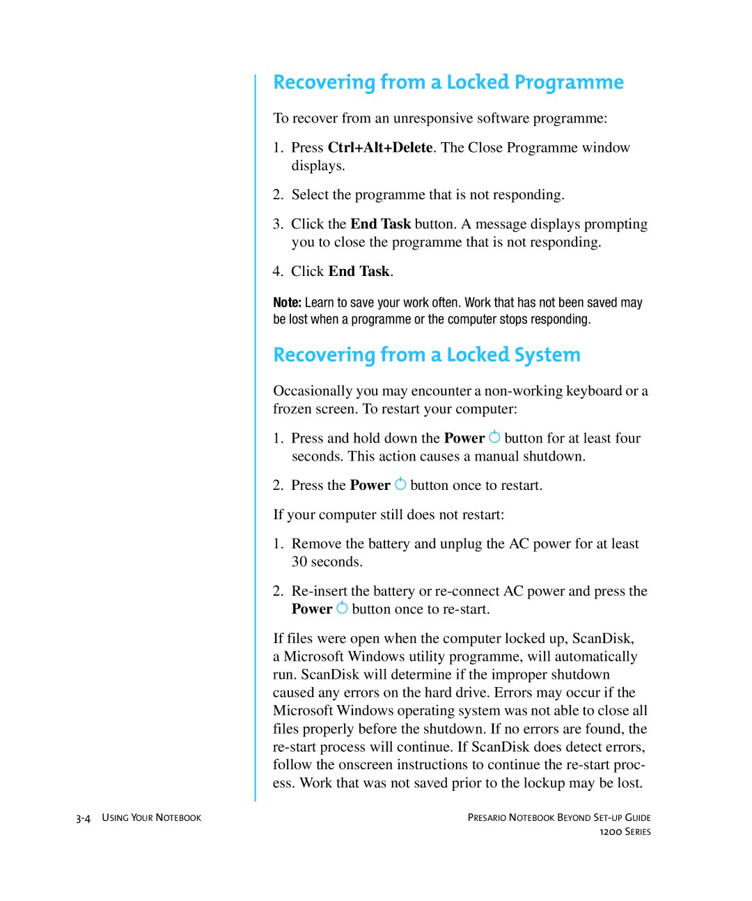 HP 1215EA manual Recovering from a Locked Programme, Recovering from a Locked System 