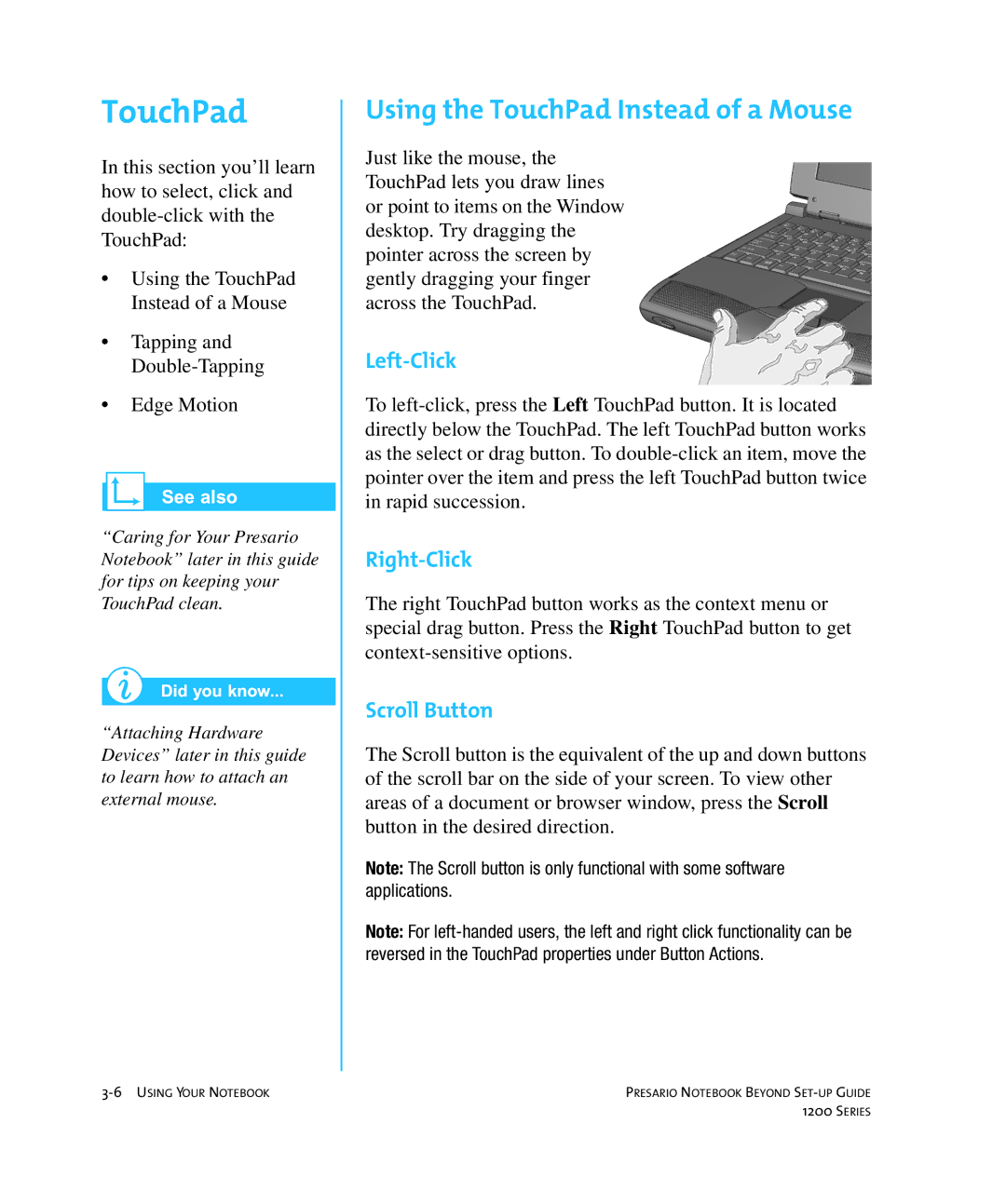 HP 1215EA manual Using the TouchPad Instead of a Mouse, Left-Click, Right-Click, Scroll Button 