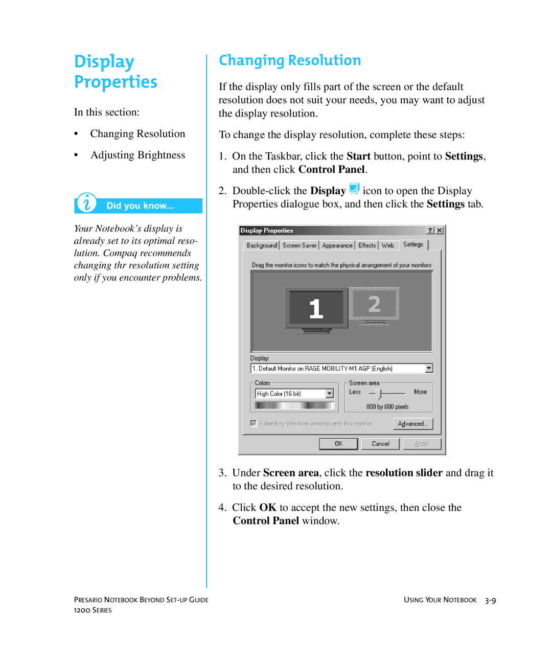 HP 1215EA manual Display Properties, Changing Resolution 