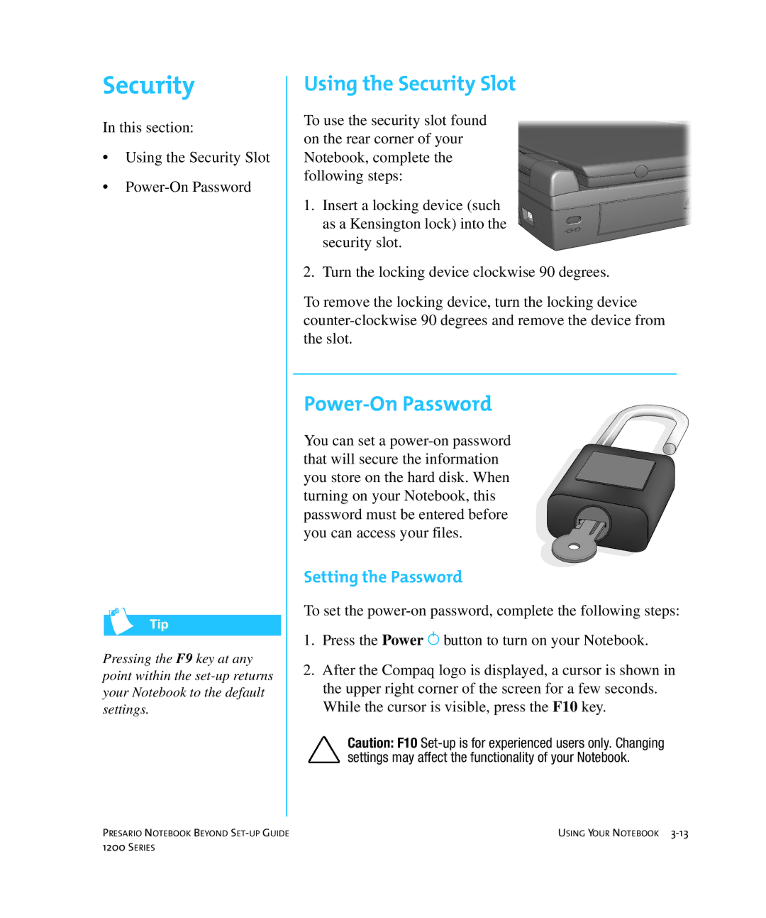 HP 1215EA manual Using the Security Slot, Power-On Password, Setting the Password 