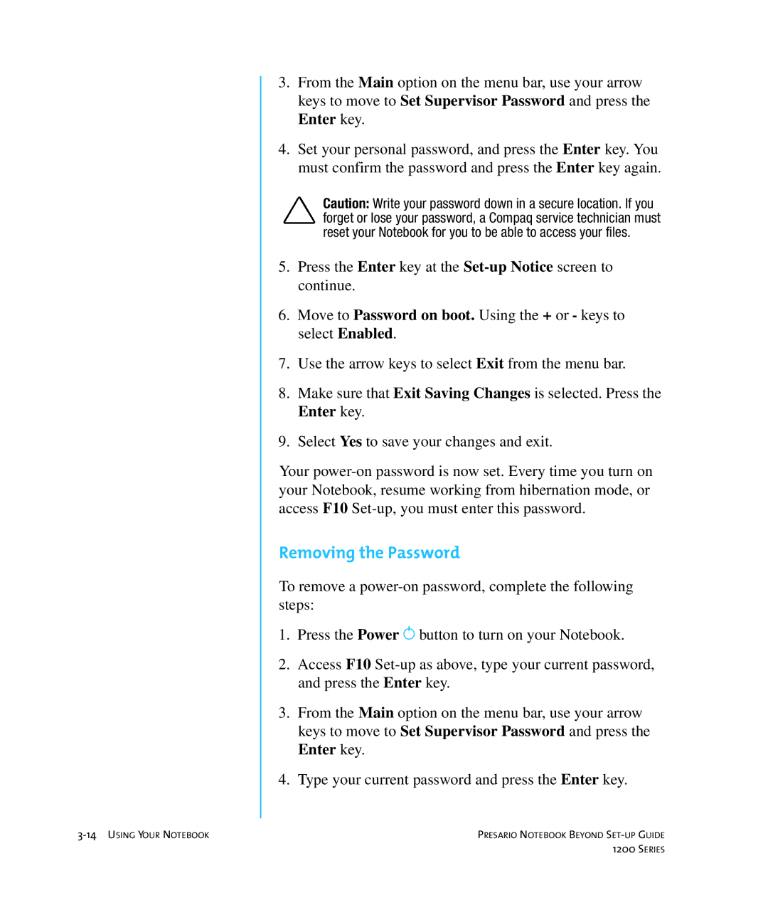 HP 1215EA manual Removing the Password 