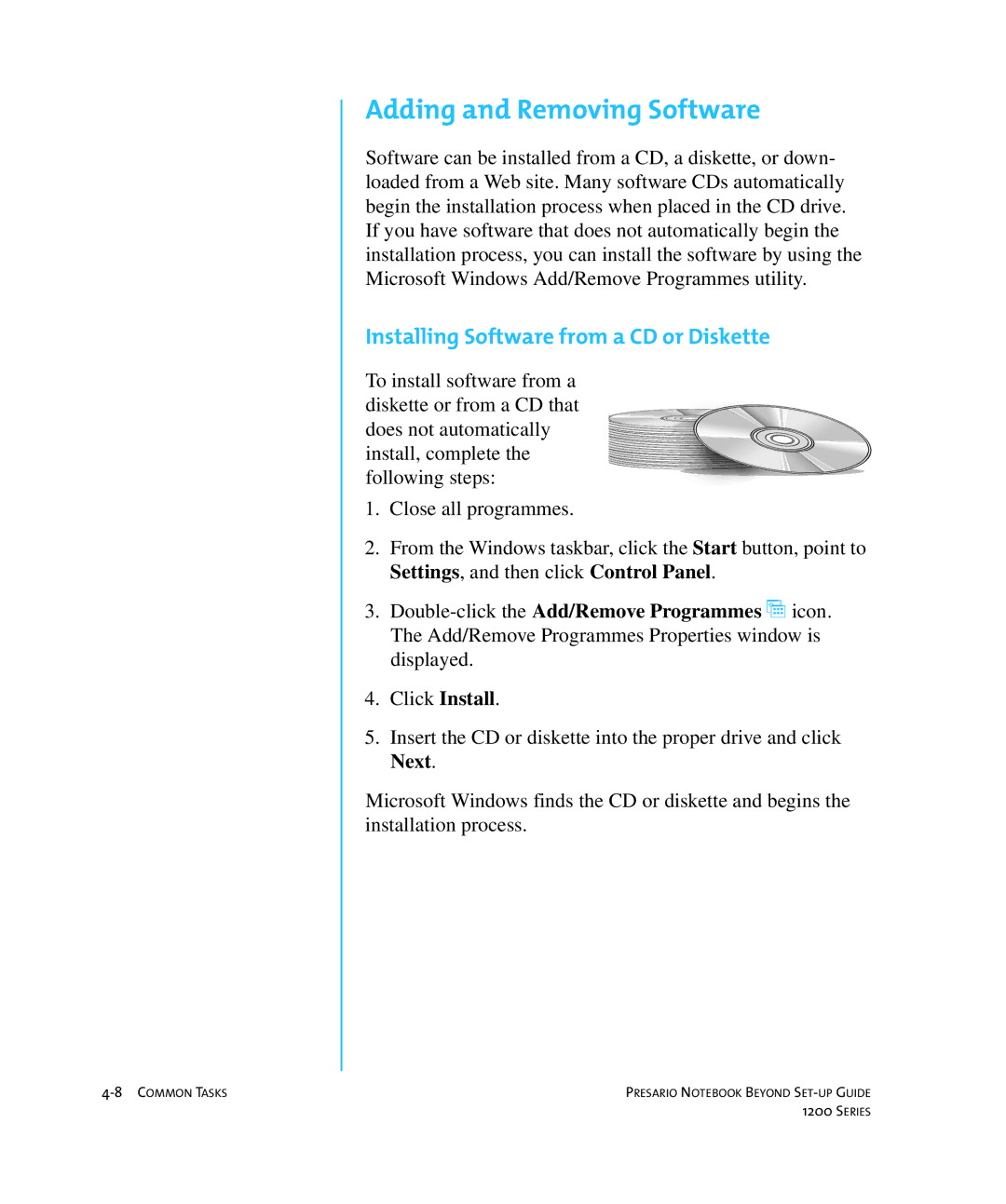 HP 1215EA manual Adding and Removing Software, Installing Software from a CD or Diskette 