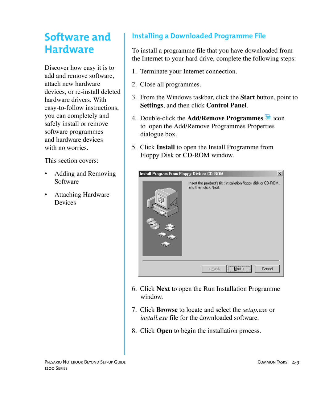 HP 1215EA manual Software and Hardware, Installing a Downloaded Programme File 