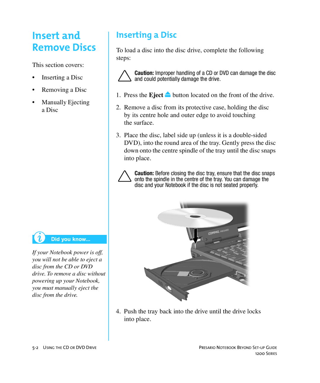 HP 1215EA manual Insert and Remove Discs, Inserting a Disc 