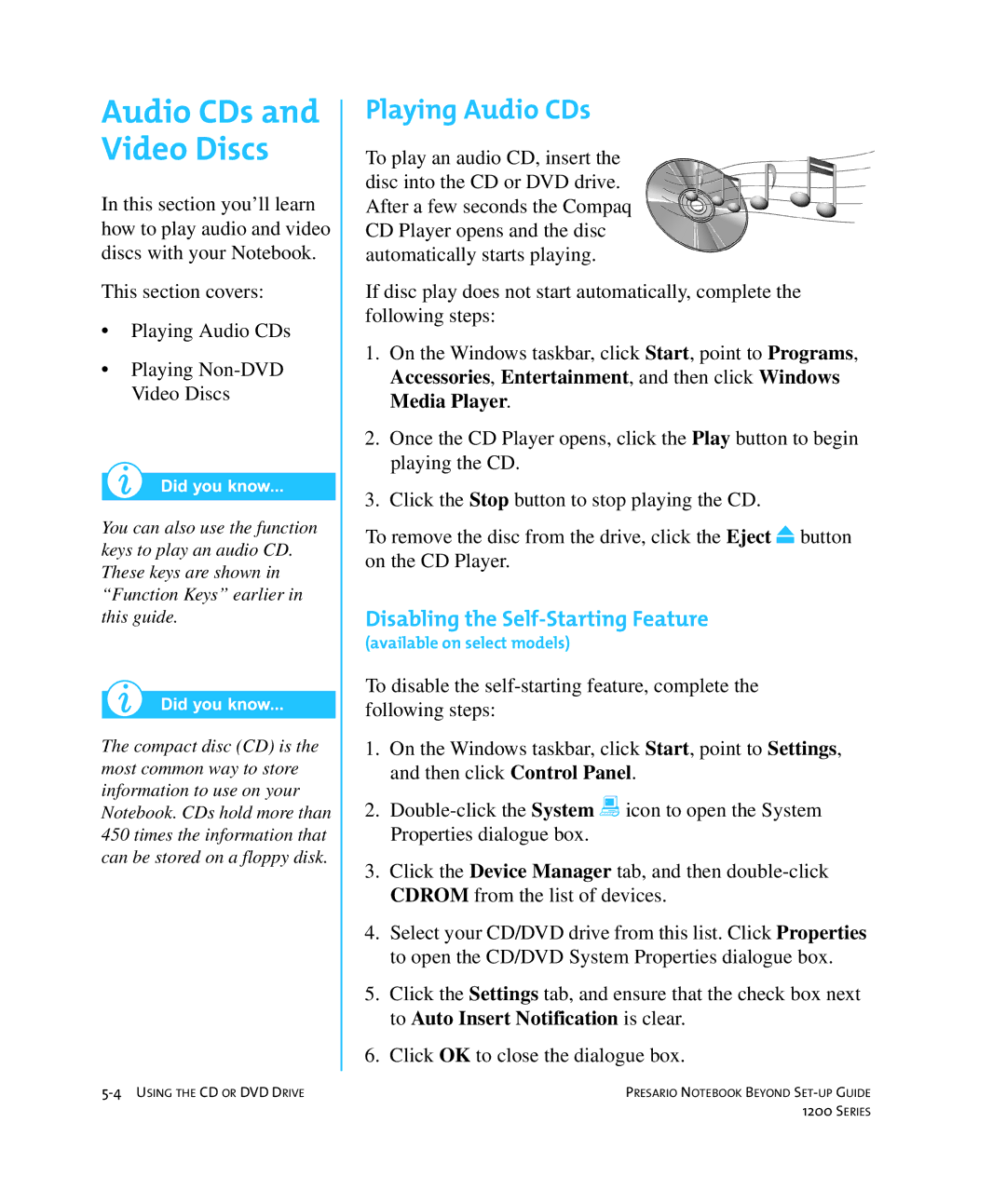 HP 1215EA manual Playing Audio CDs, Disabling the Self-Starting Feature 