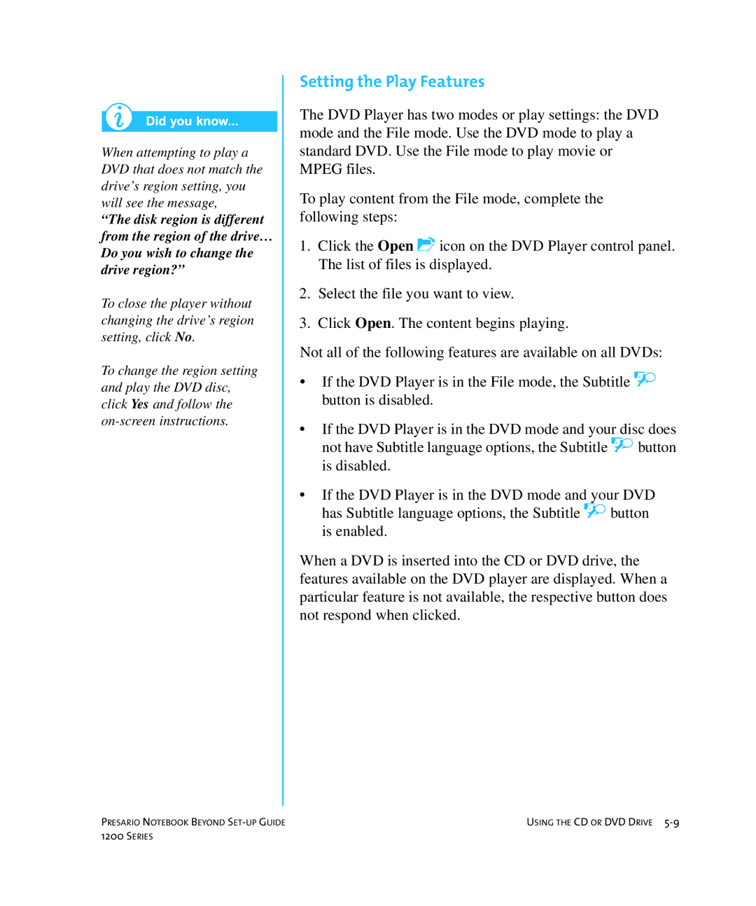 HP 1215EA manual Setting the Play Features 