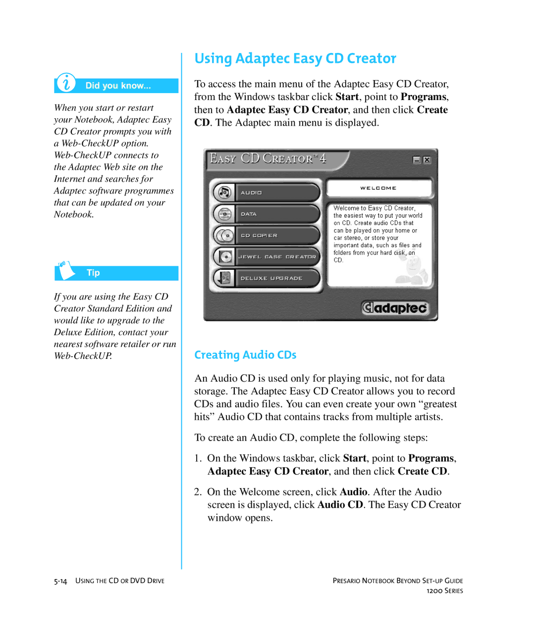 HP 1215EA manual Using Adaptec Easy CD Creator, Creating Audio CDs 