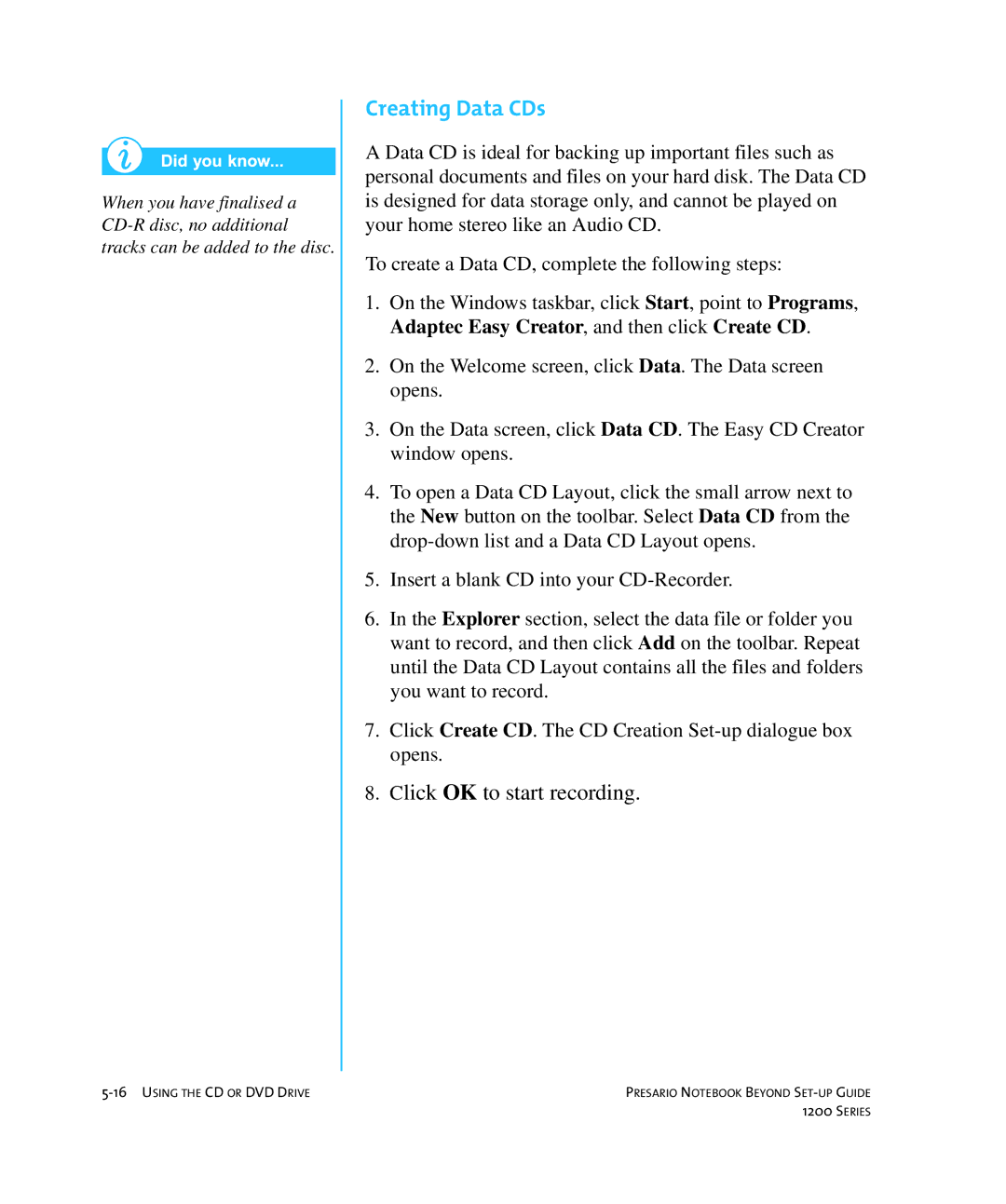 HP 1215EA manual Creating Data CDs 