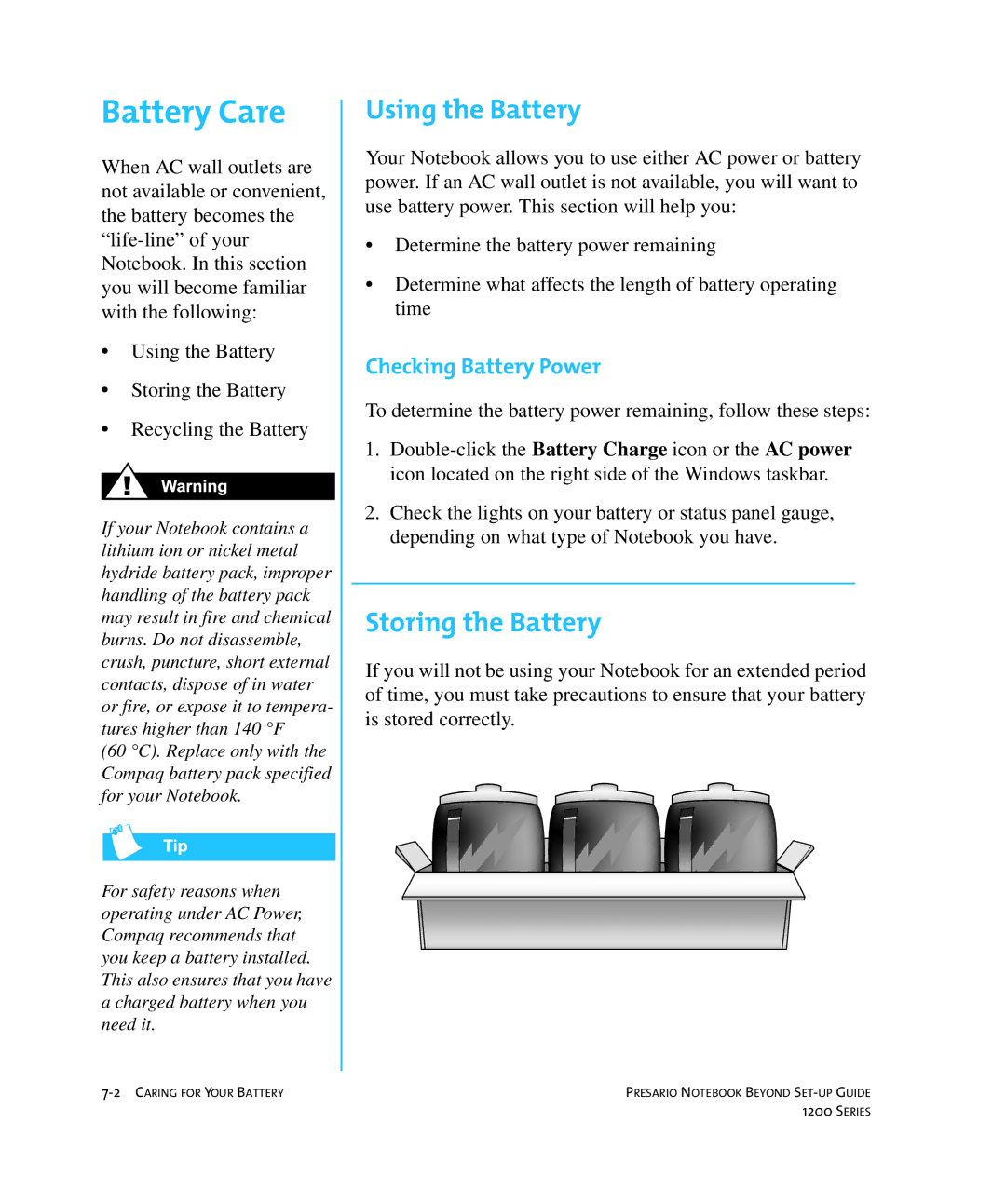 HP 1215EA manual Battery Care, Using the Battery, Storing the Battery, Checking Battery Power 