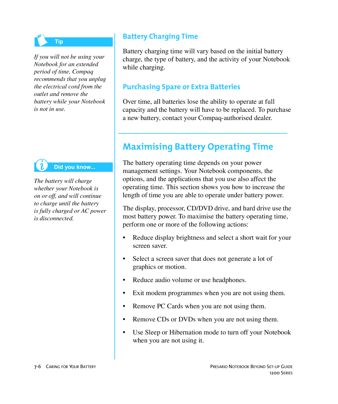 HP 1215EA manual Maximising Battery Operating Time, Battery Charging Time, Purchasing Spare or Extra Batteries 