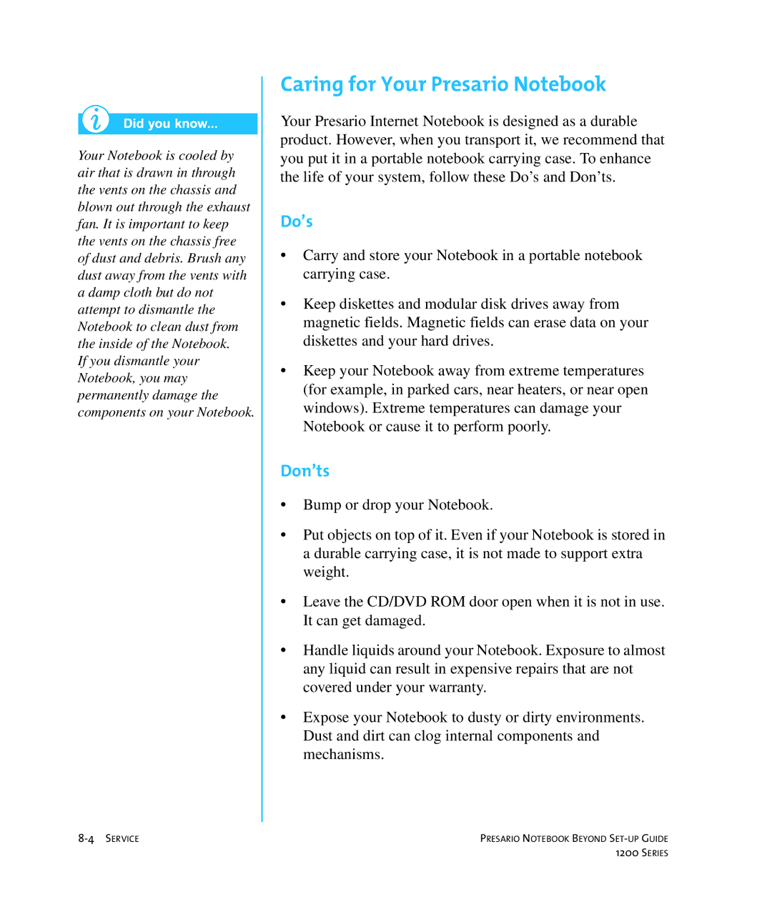 HP 1215EA manual Caring for Your Presario Notebook, Do’s 