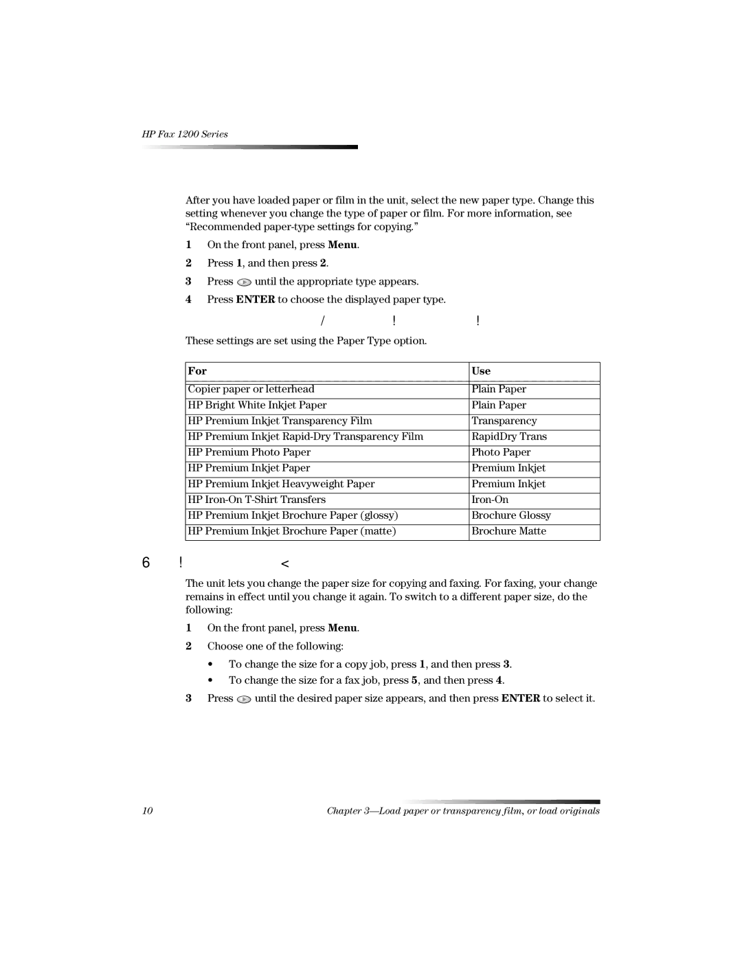 HP 1220 Fax manual 6HWWKHSDSHUW\SH, Kdqjhwkhsdshuvlh, 5HFRPPHQGHGSDSHUW\SHVHWWLQJVIRUFRS\LQJ, For Use 