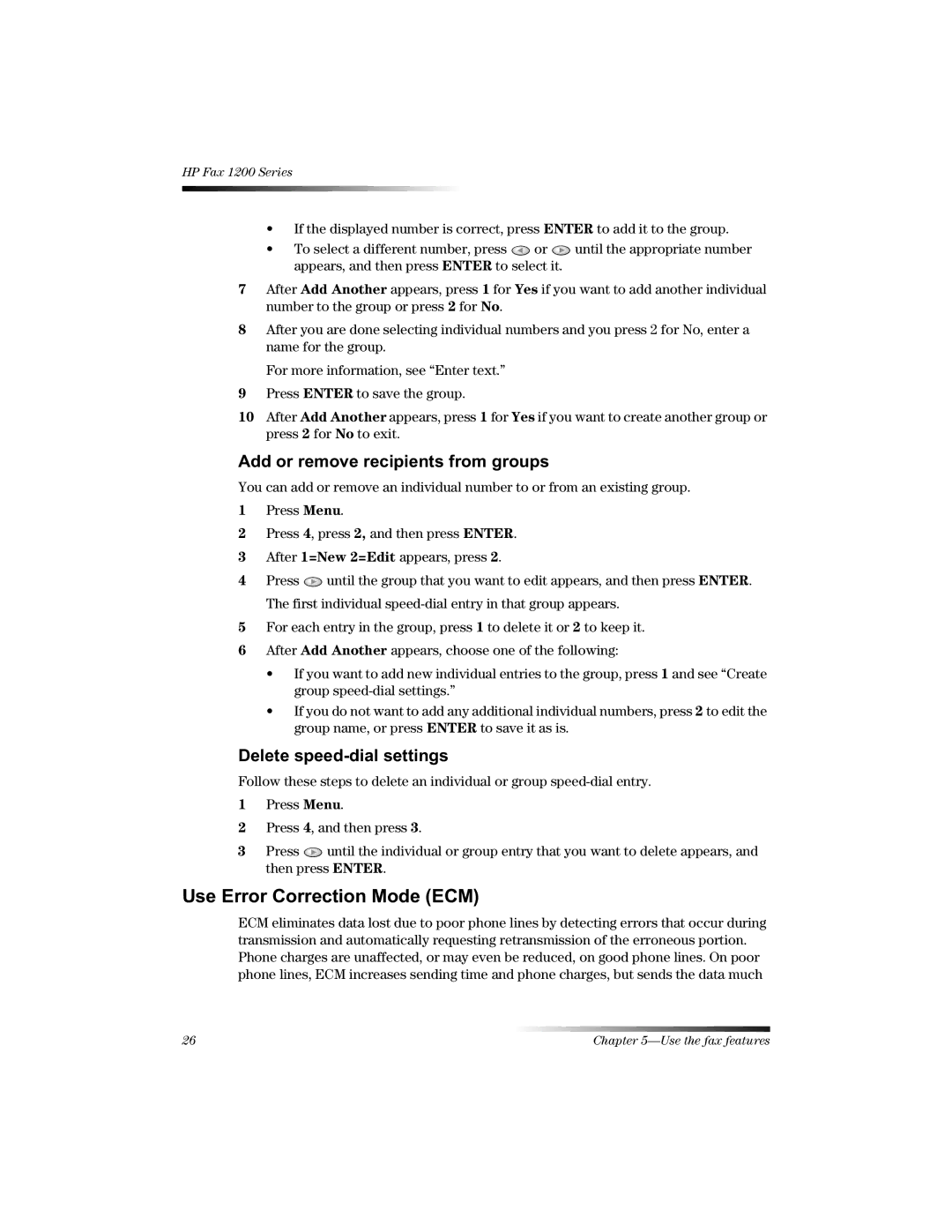 HP 1220 Fax manual 8VHUURU&RUUHFWLRQ0RGH&0, $Ggruuhpryhuhflslhqwviurpjurxsv, Hohwhvshhggldovhwwlqjv 