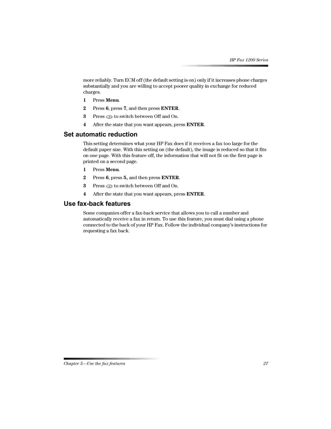 HP 1220 Fax manual 6HWDXWRPDWLFUHGXFWLRQ, 8VHIDEDFNIHDWXUHV 