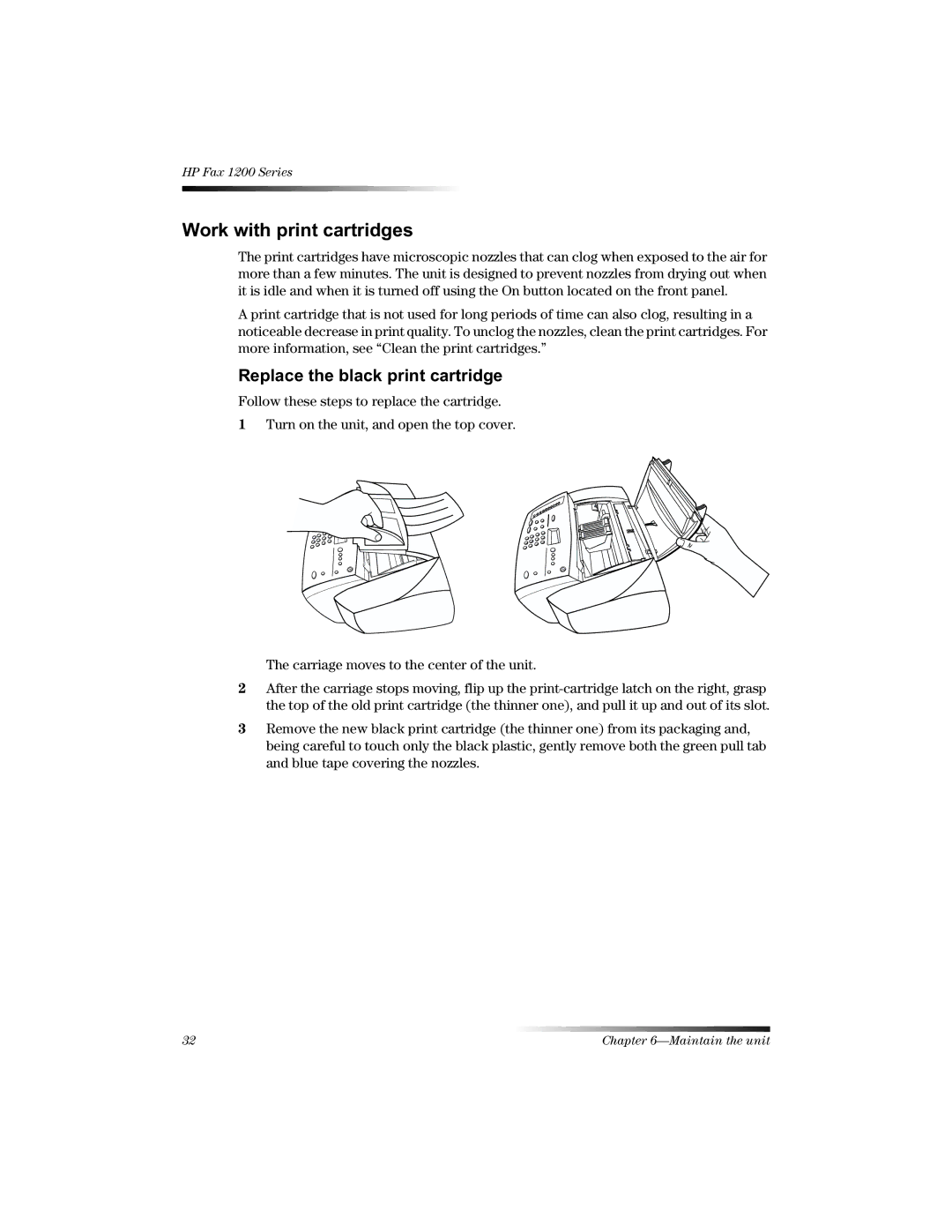 HP 1220 Fax manual Runzlwksulqwfduwulgjhv, 5HSODFHWKHEODFNSULQWFDUWULGJH 