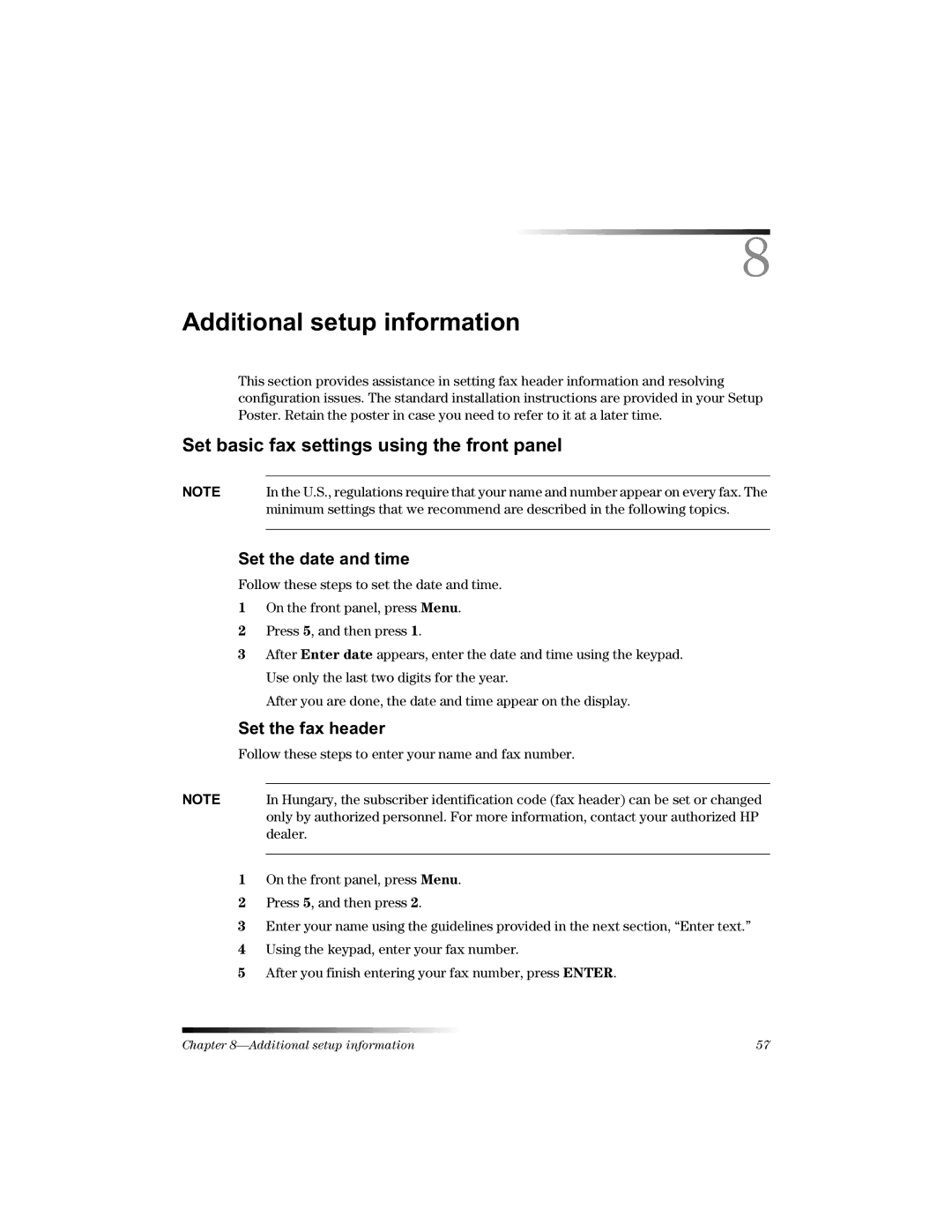 HP 1220 Fax manual 6HWEDVLFIDVHWWLQJVXVLQJWKHIURQWSDQHO, 6HWWKHGDWHDQGWLPH, 6HWWKHIDKHDGHU 