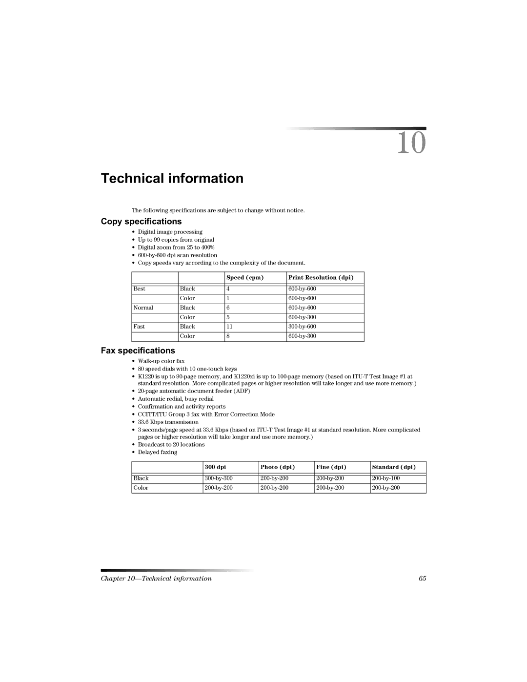 HP 1220 Fax manual 7HFKQLFDOLQIRUPDWLRQ 