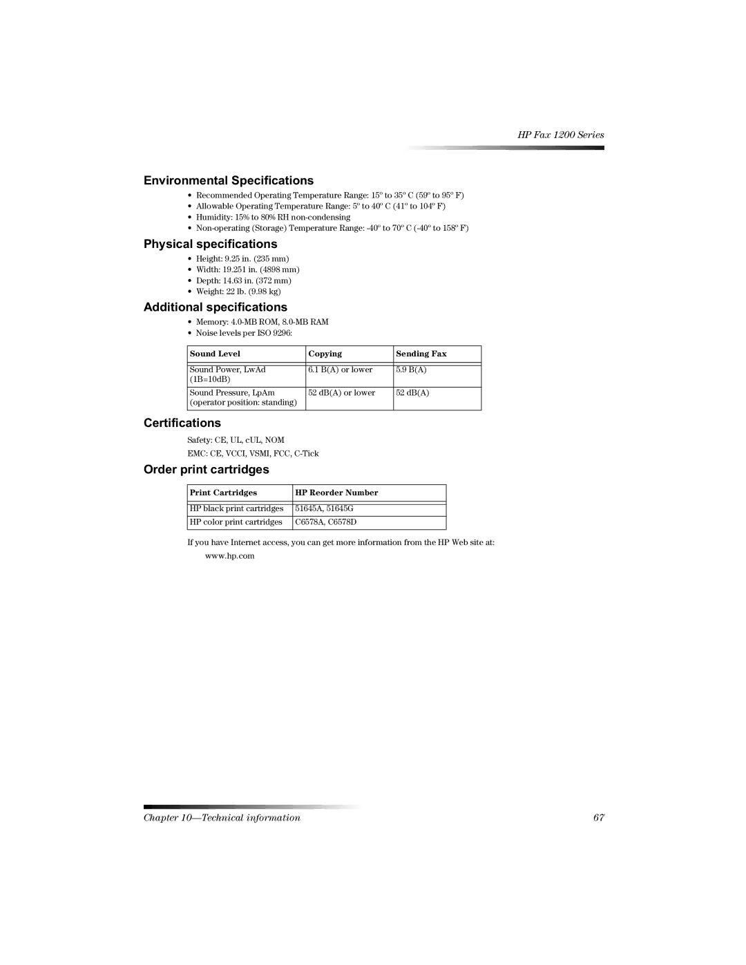 HP 1220 Fax manual 3K\VLFDOVSHFLILFDWLRQV 