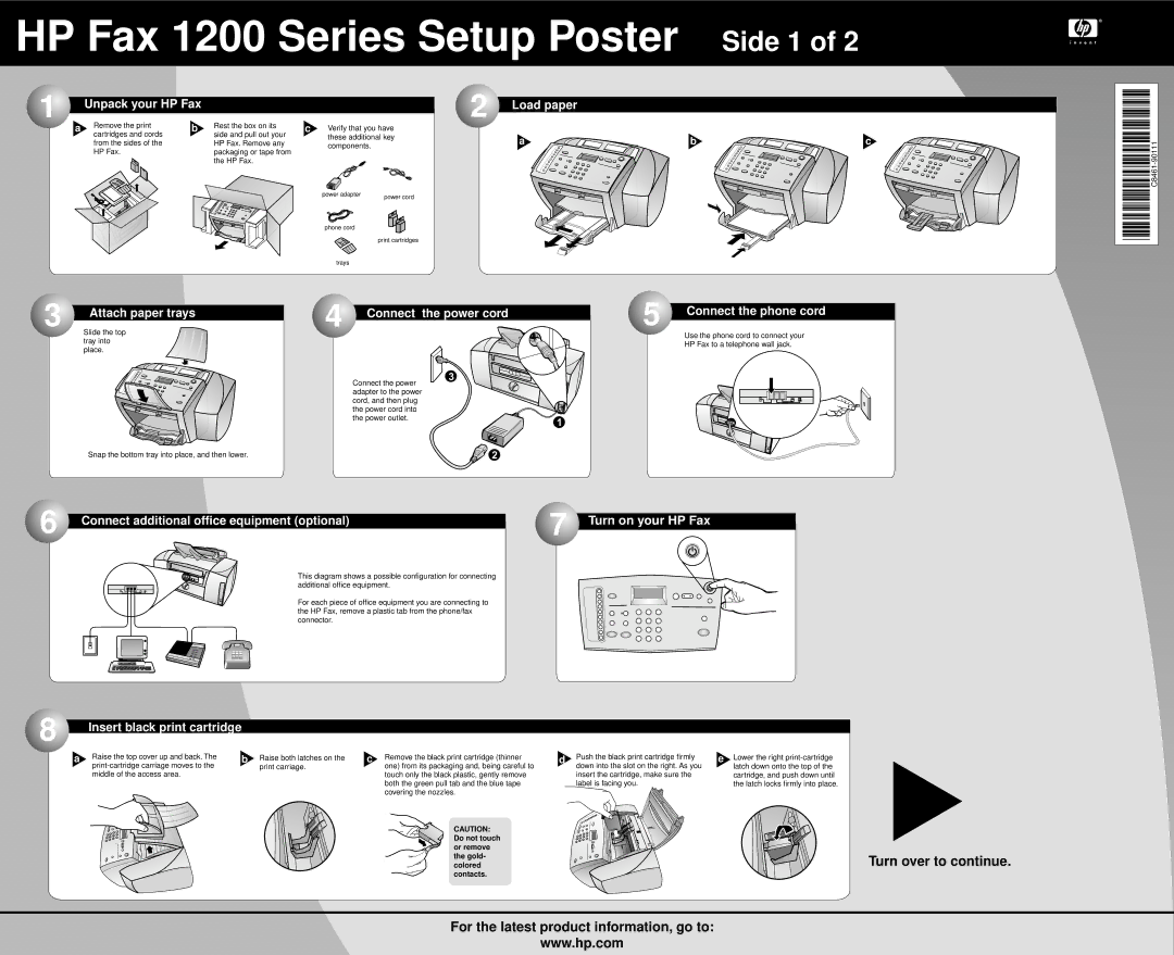 HP 1220 Fax manual HP Fax 1200 Series Setup Poster Side 1, C8461-90111* *C8461-90111 