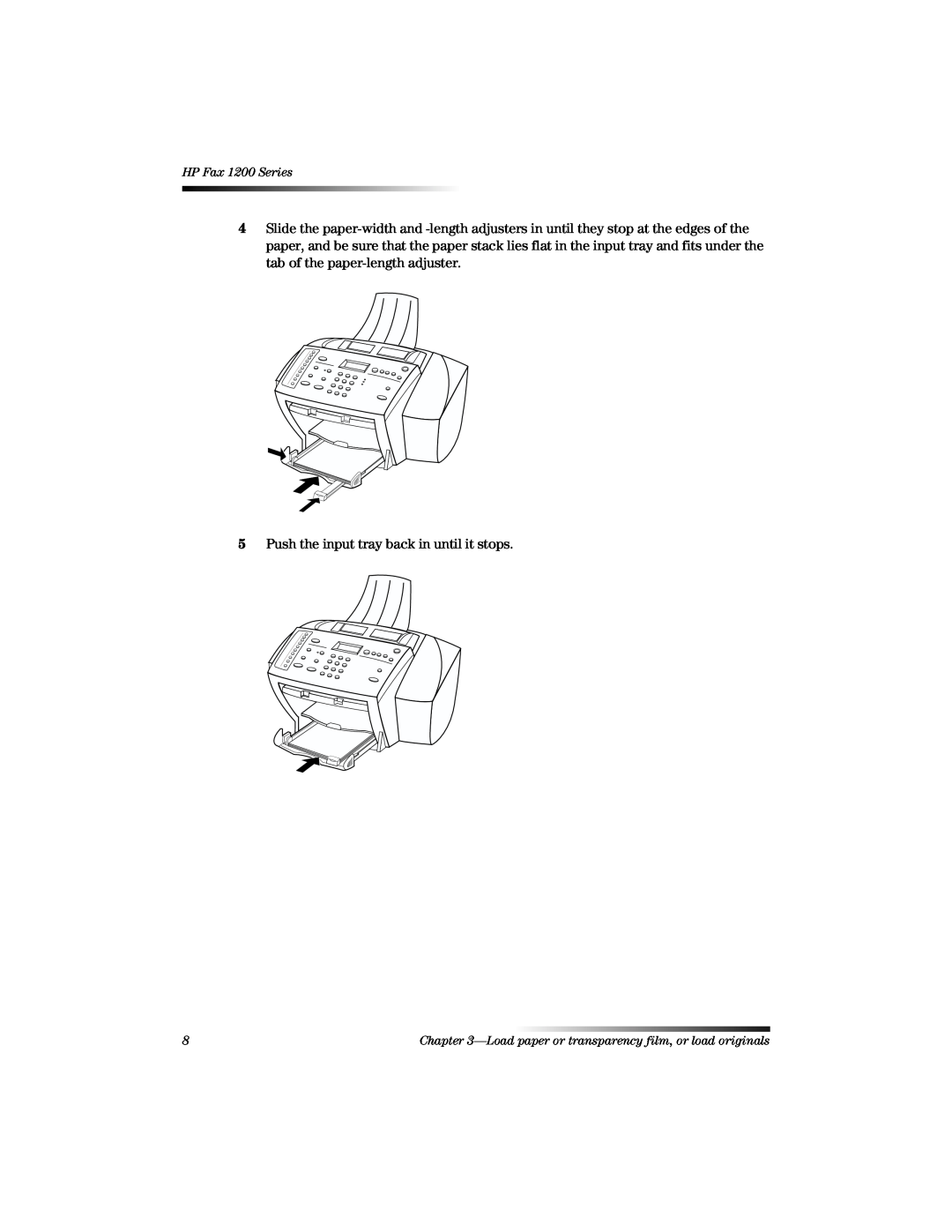 HP 1220 Fax manual Push the input tray back in until it stops, HP Fax 1200 Series 