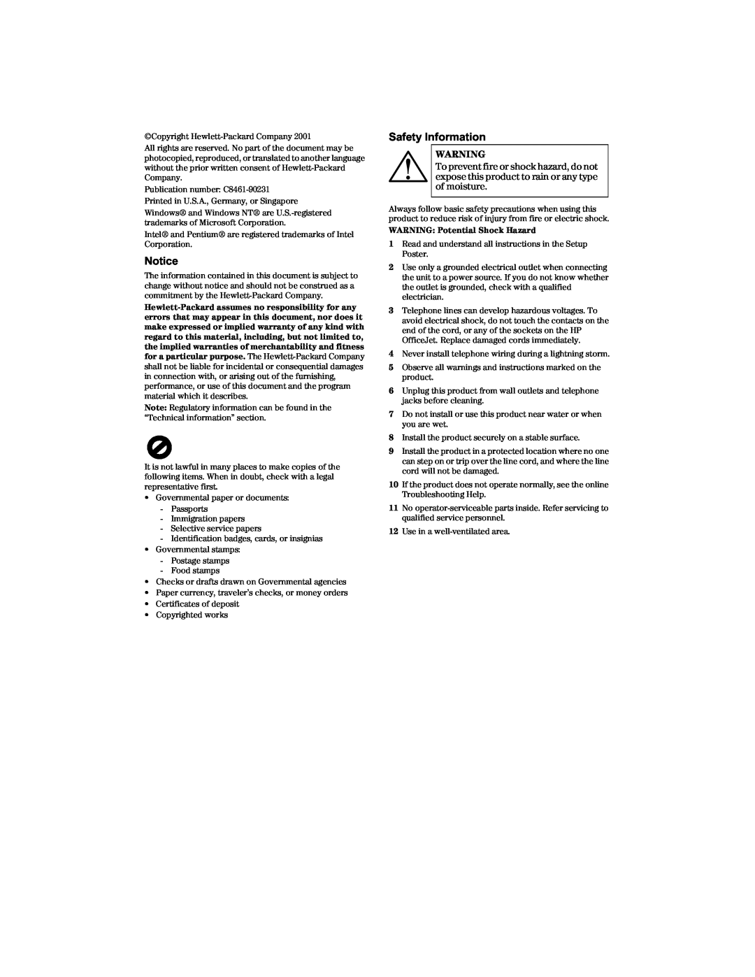 HP 1220 Fax manual 1RWLFH, 6DIHW\,QIRUPDWLRQ, WARNING Potential Shock Hazard 