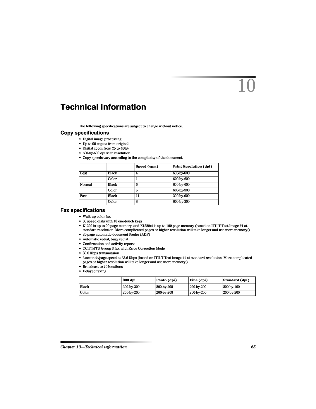 HP 1220 Fax manual 7HFKQLFDOLQIRUPDWLRQ, Rs\Vshflilfdwlrqv, Dvshflilfdwlrqv, Technical information 