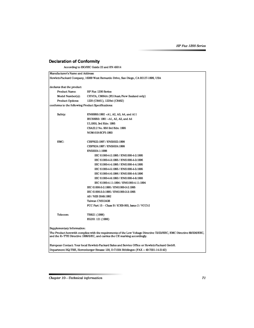 HP 1220 Fax manual Hfodudwlrqri&Rqiruplw, HP Fax 1200 Series, Technical information 