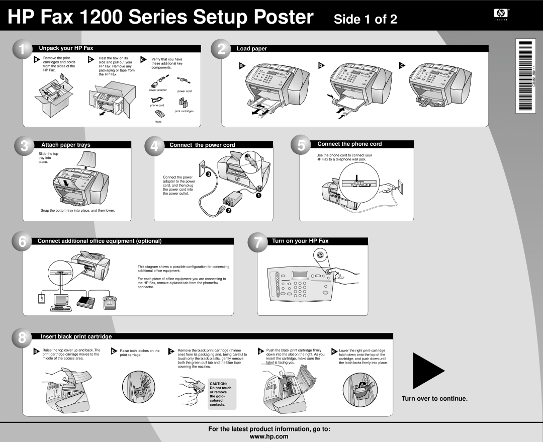 HP 1220 Fax manual HP Fax 1200 Series Setup Poster Side 1 of, C8461-90111* *C8461-90111, Unpack your HP Fax, Load paper 