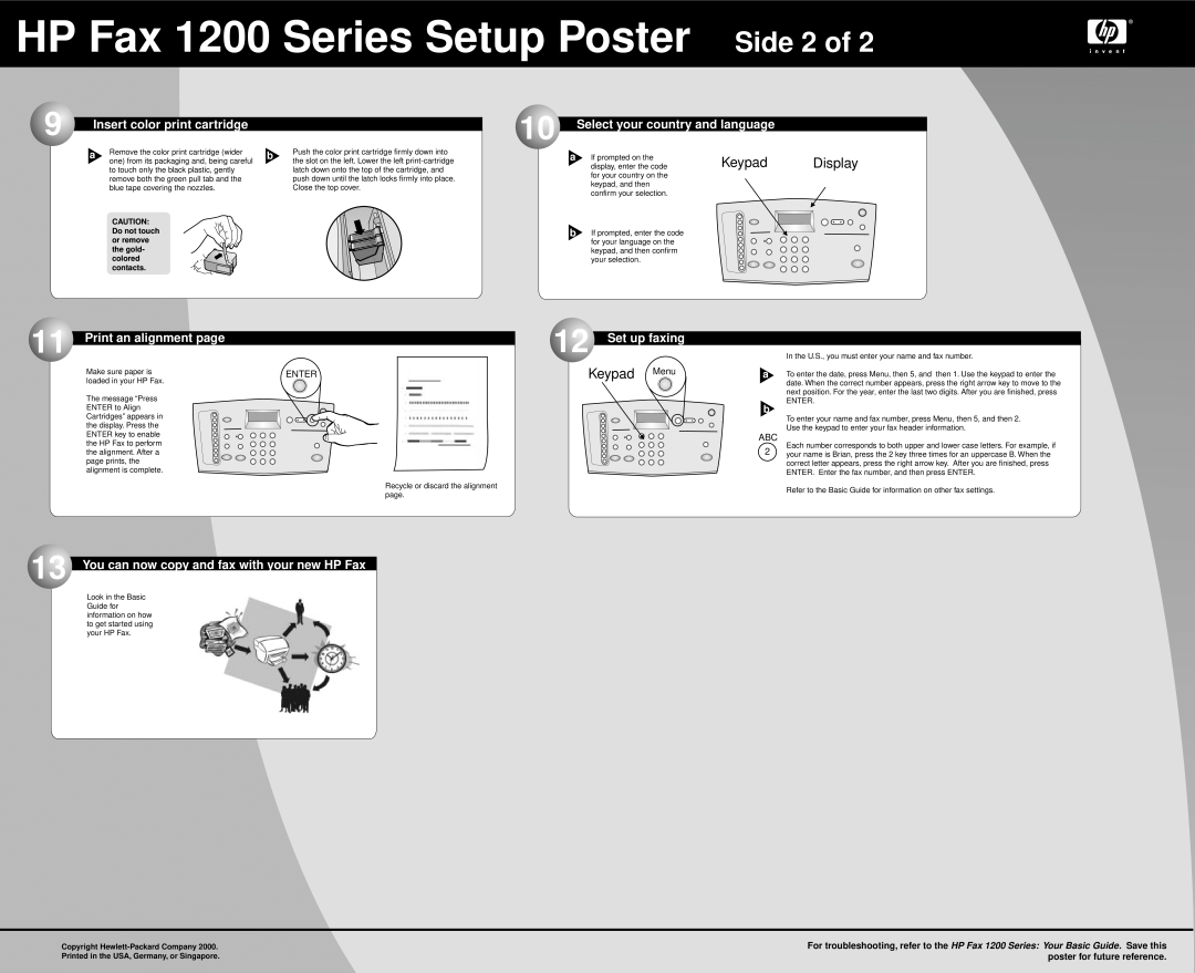 HP 1220 Fax HP Fax 1200 Series Setup Poster Side 2 of, Keypad, Insert color print cartridge, Print an alignment page, Menu 