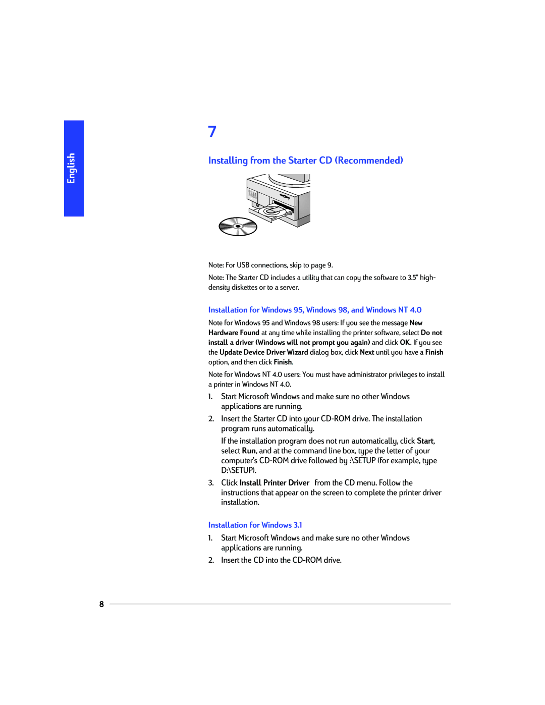 HP 1220C manual Installing from the Starter CD Recommended, Installation for Windows 95, Windows 98, and Windows NT 