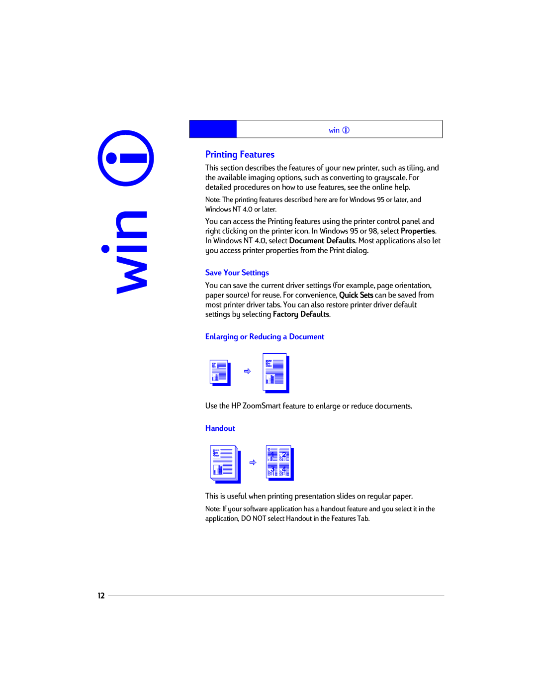 HP 1220C manual Win, Printing Features, Save Your Settings, Enlarging or Reducing a Document, Handout 