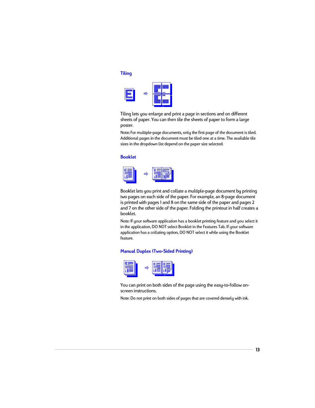 HP 1220C manual Tiling, Booklet, Manual Duplex Two-Sided Printing 