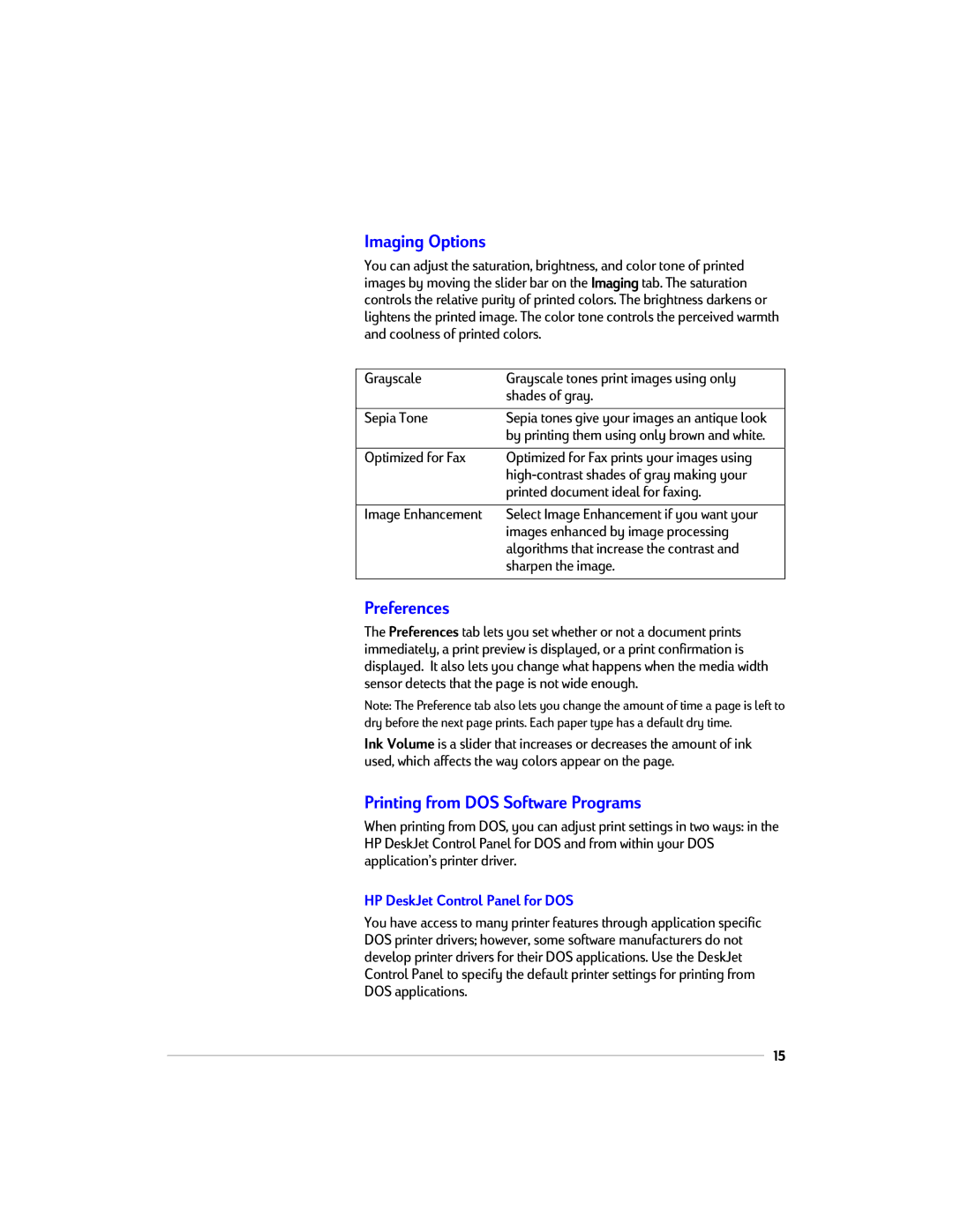 HP 1220C manual Imaging Options, Preferences, Printing from DOS Software Programs, HP DeskJet Control Panel for DOS 