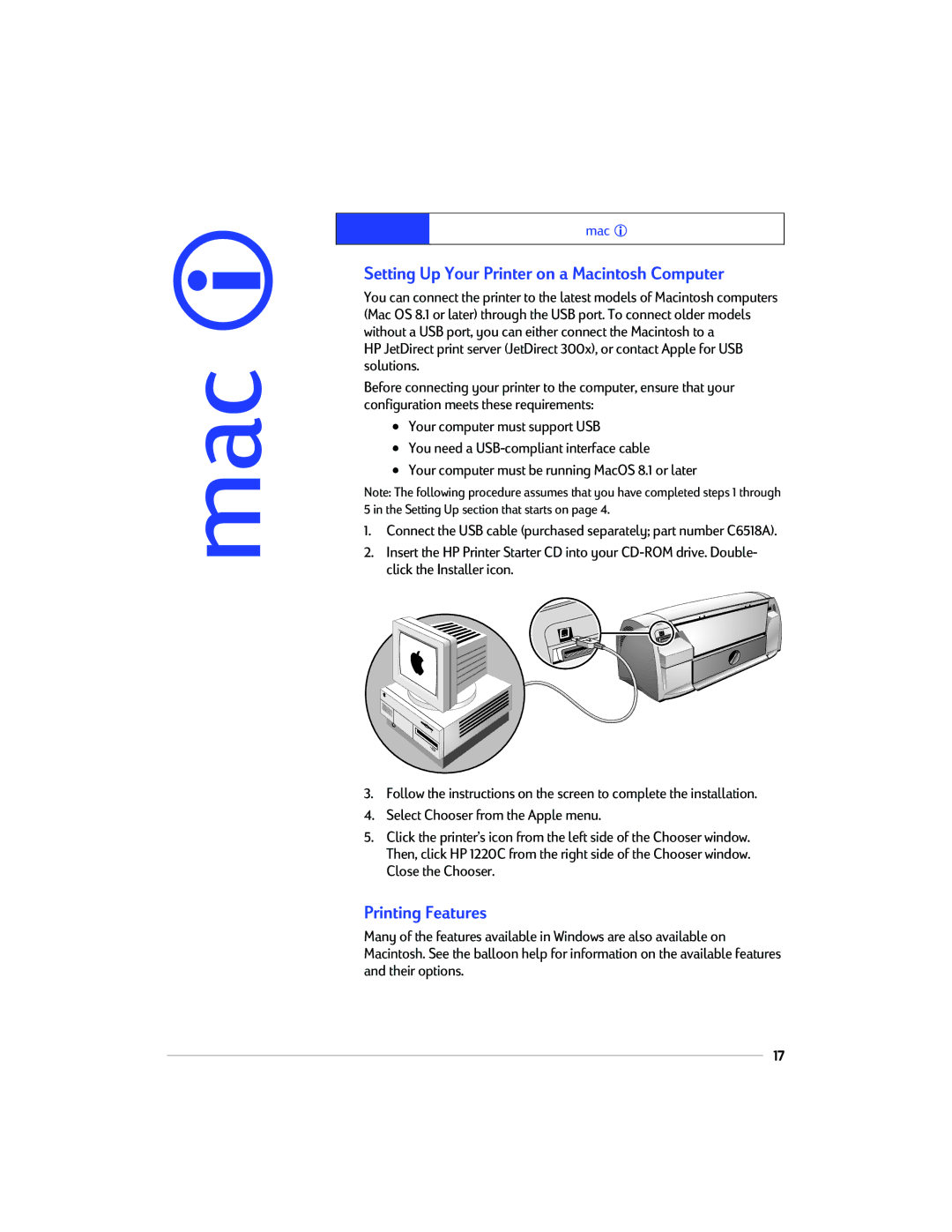 HP 1220C manual Setting Up Your Printer on a Macintosh Computer 