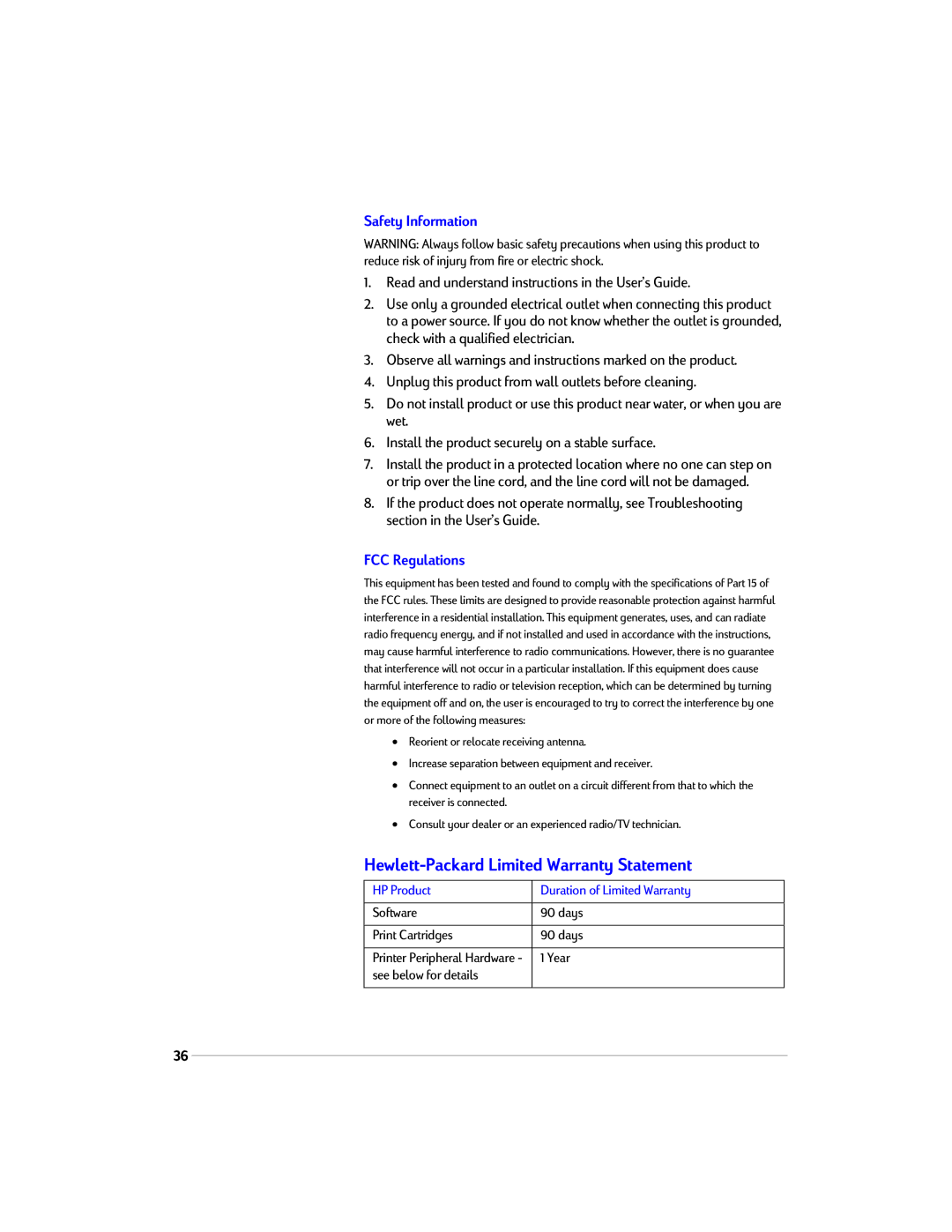 HP 1220C manual Hewlett-Packard Limited Warranty Statement, Safety Information, FCC Regulations 