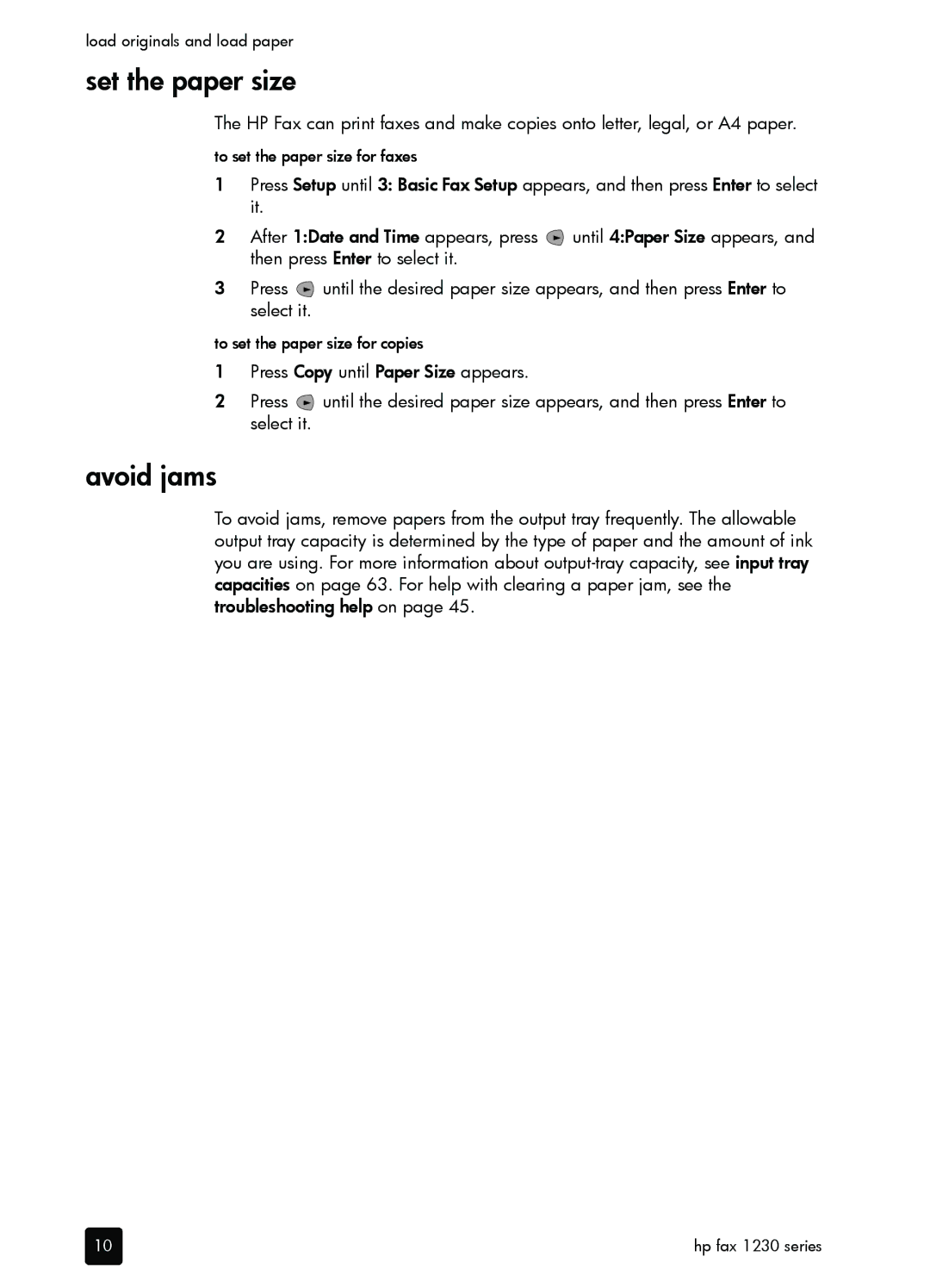 HP 1230 Fax manual Set the paper size, Avoid jams 