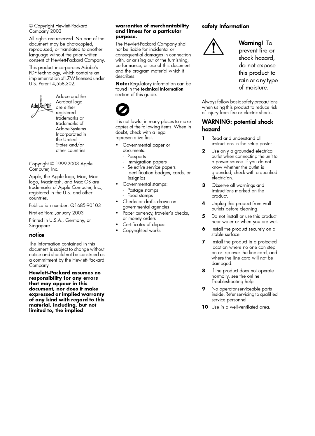 HP 1230 Fax manual Safety information 