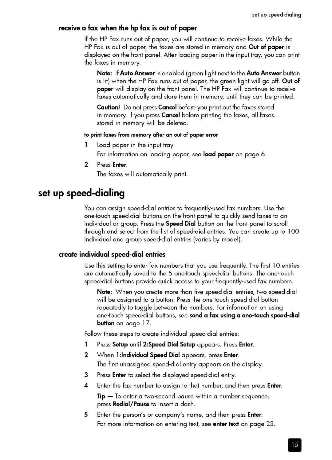 HP 1230 Fax Set up speed-dialing, Receive a fax when the hp fax is out of paper, Create individual speed-dial entries 