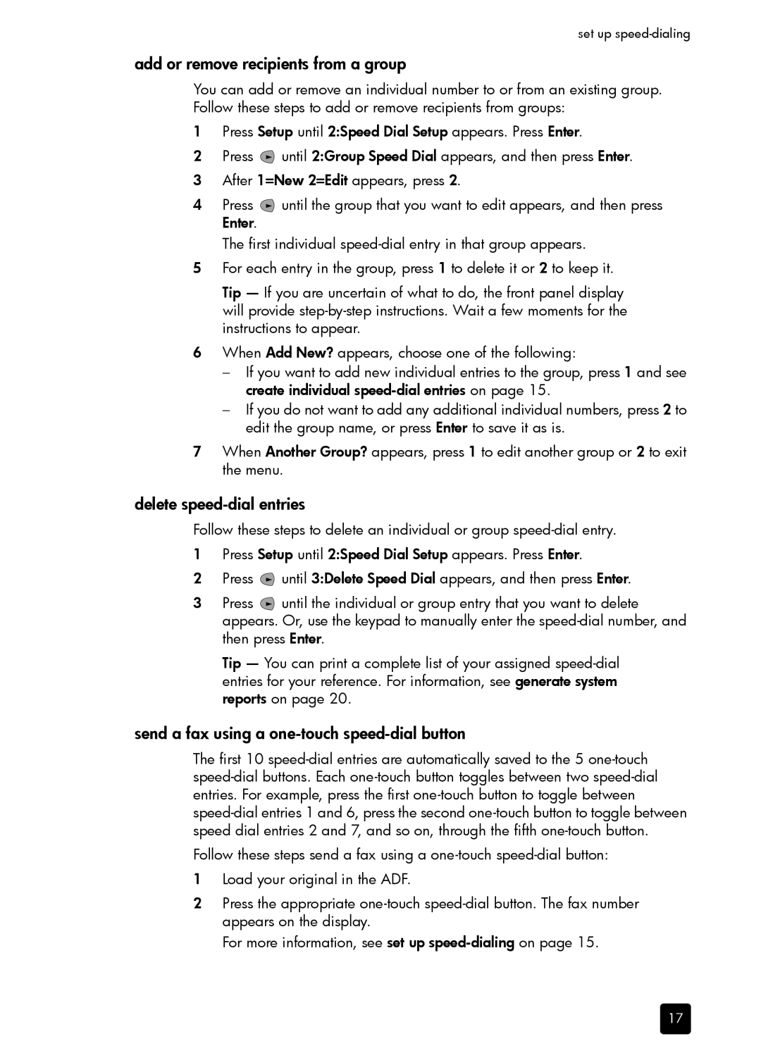 HP 1230 Fax manual Add or remove recipients from a group, Delete speed-dial entries 