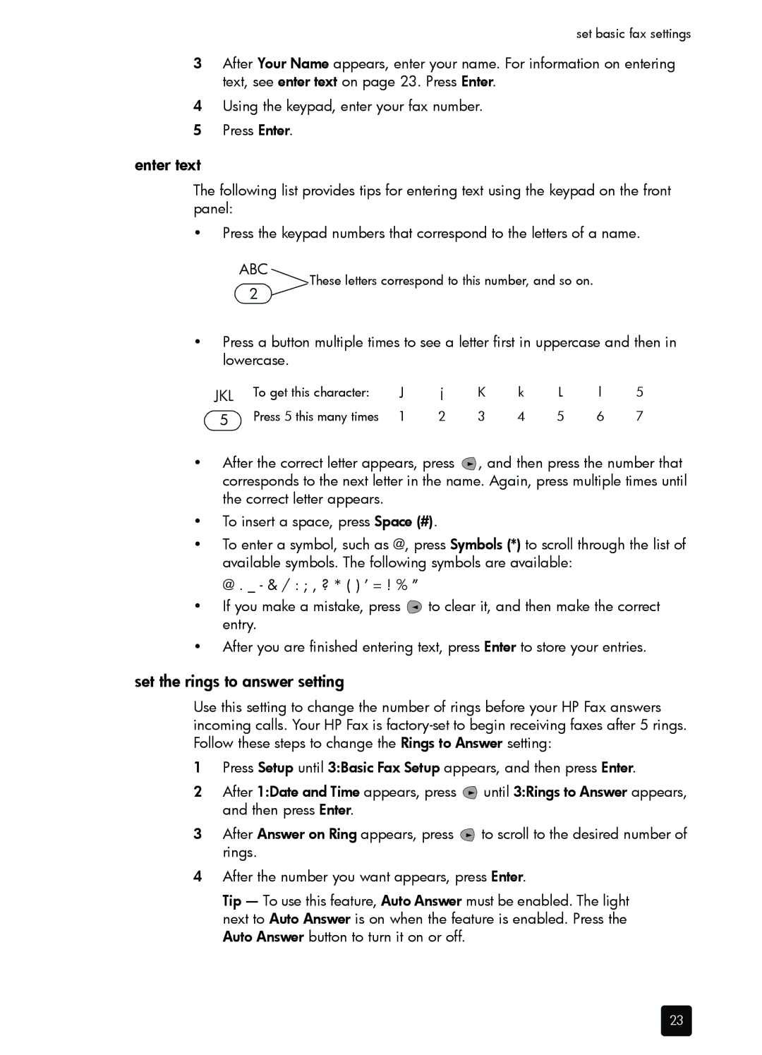 HP 1230 Fax manual Enter text, Set the rings to answer setting 