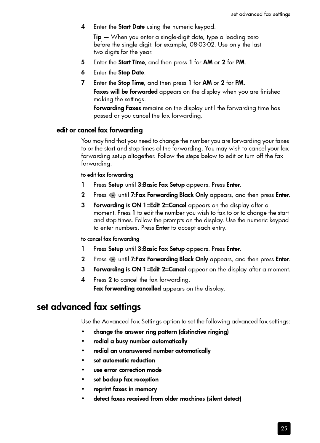 HP 1230 Fax manual Set advanced fax settings, Edit or cancel fax forwarding 