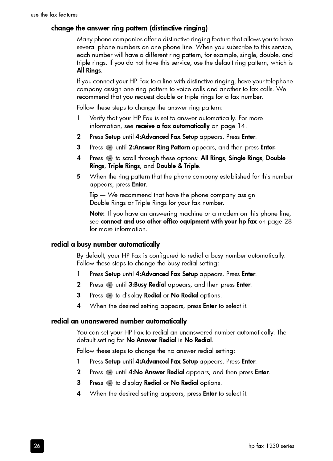 HP 1230 Fax manual Change the answer ring pattern distinctive ringing, Redial a busy number automatically 